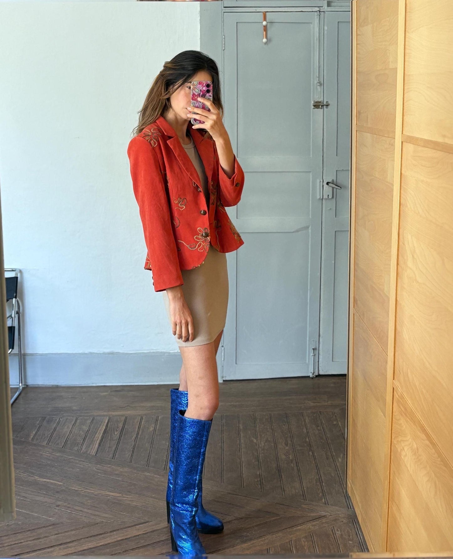 Vintage vibrant red Blazer Made in Spain, Floral Embroidered Red Jacket, Size M, Fun playful retro summer coat