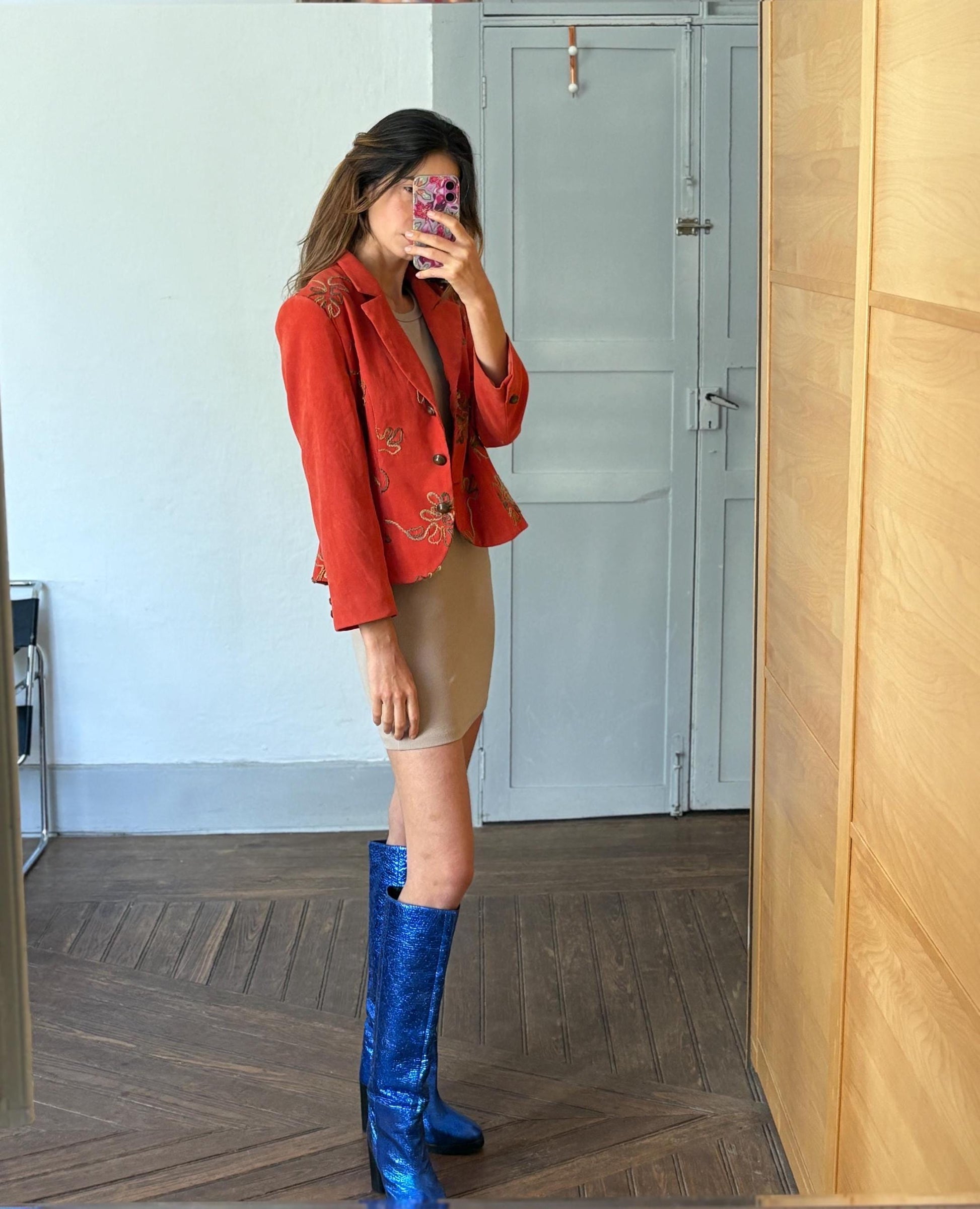 Vintage vibrant red Blazer Made in Spain, Floral Embroidered Red Jacket, Size M, Fun playful retro summer coat