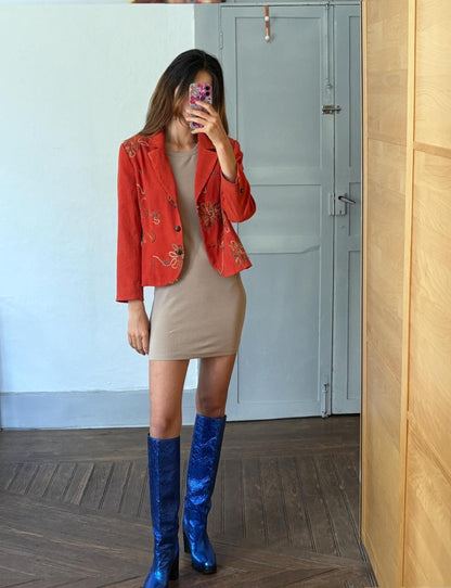 Vintage Floral Embroidered Red Blazer — detail