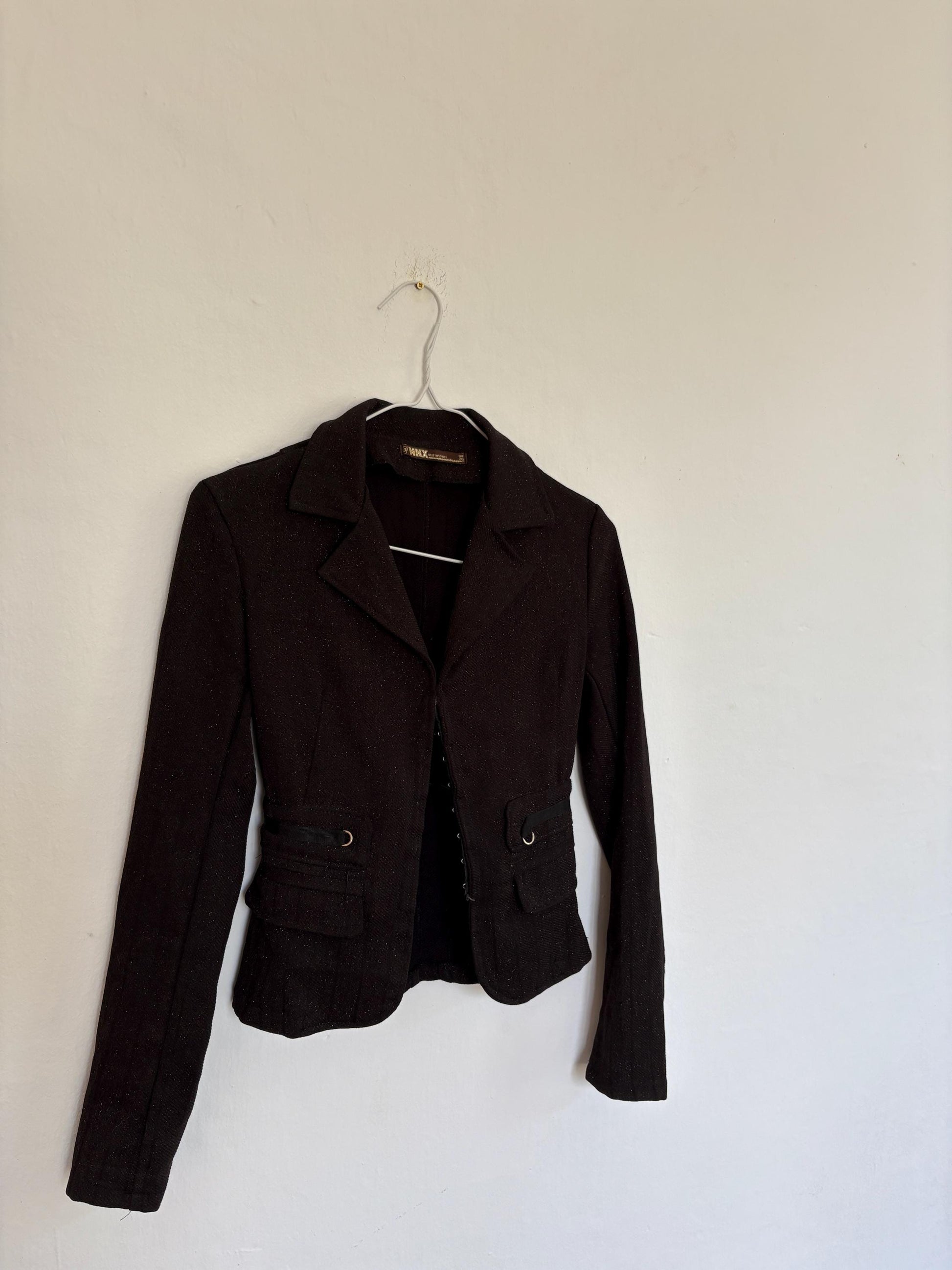 PETITE Y2K cropped fitted blazer, Size EUR 36, black sparkly vintage formal jacket, Evening partywear, Tailored women’s retro style wear