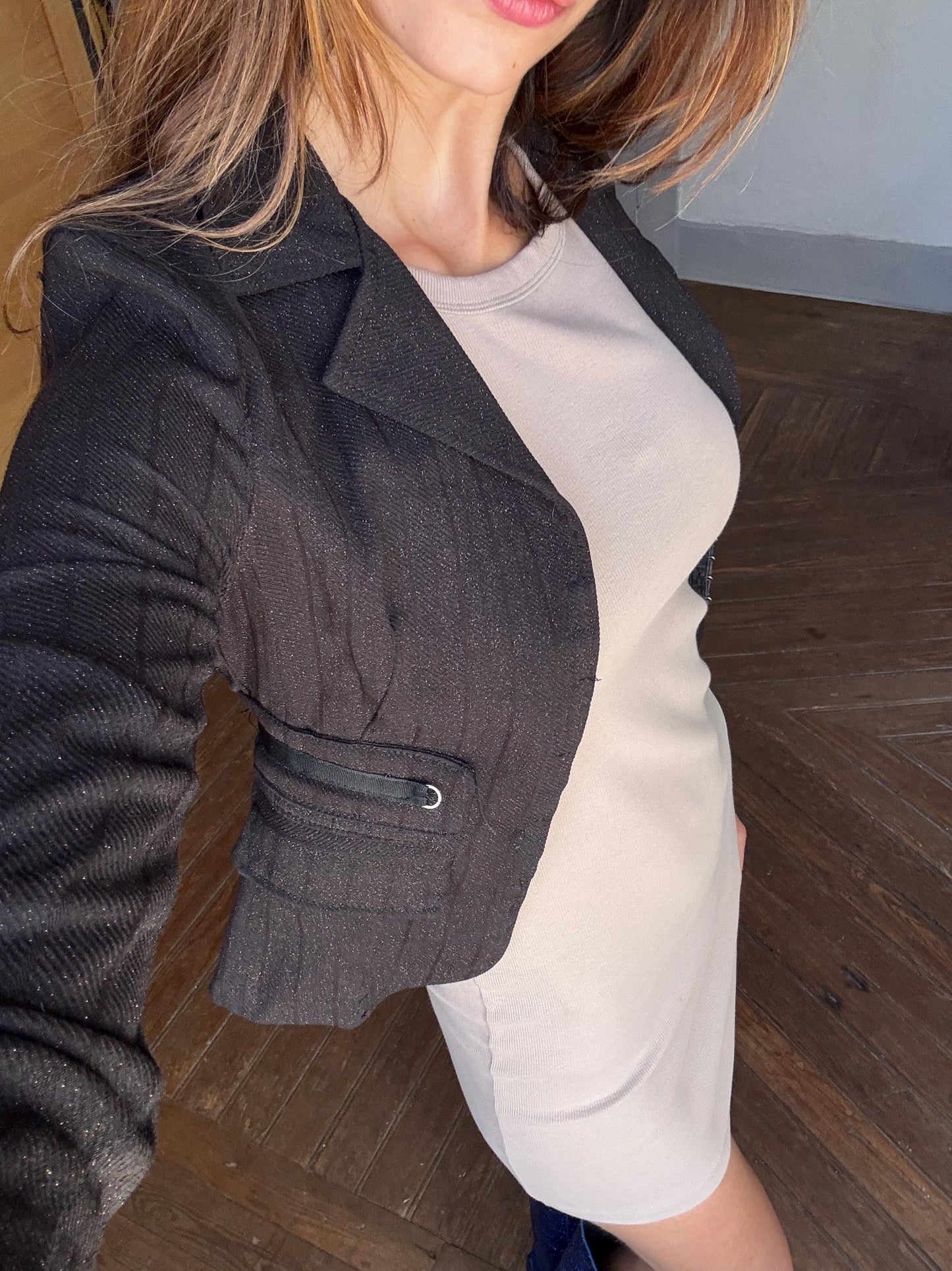 PETITE Y2K cropped fitted blazer, Size EUR 36, black sparkly vintage formal jacket, Evening partywear, Tailored women’s retro style wear