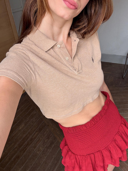 Vintage Ralph Lauren Skinny Fit Polo | Brown Cropped Polo Tee | Y2K Prep Style | Tag M Fits S | 100% Cotton | Preppy Vintage Top