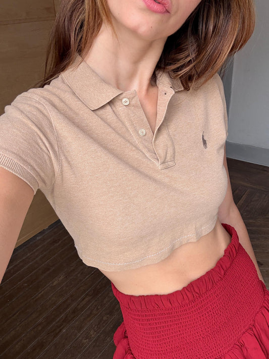 Vintage Ralph Lauren Skinny Fit Polo | Brown Cropped Polo Tee | Y2K Prep Style | Tag M Fits S | 100% Cotton | Preppy Vintage Top