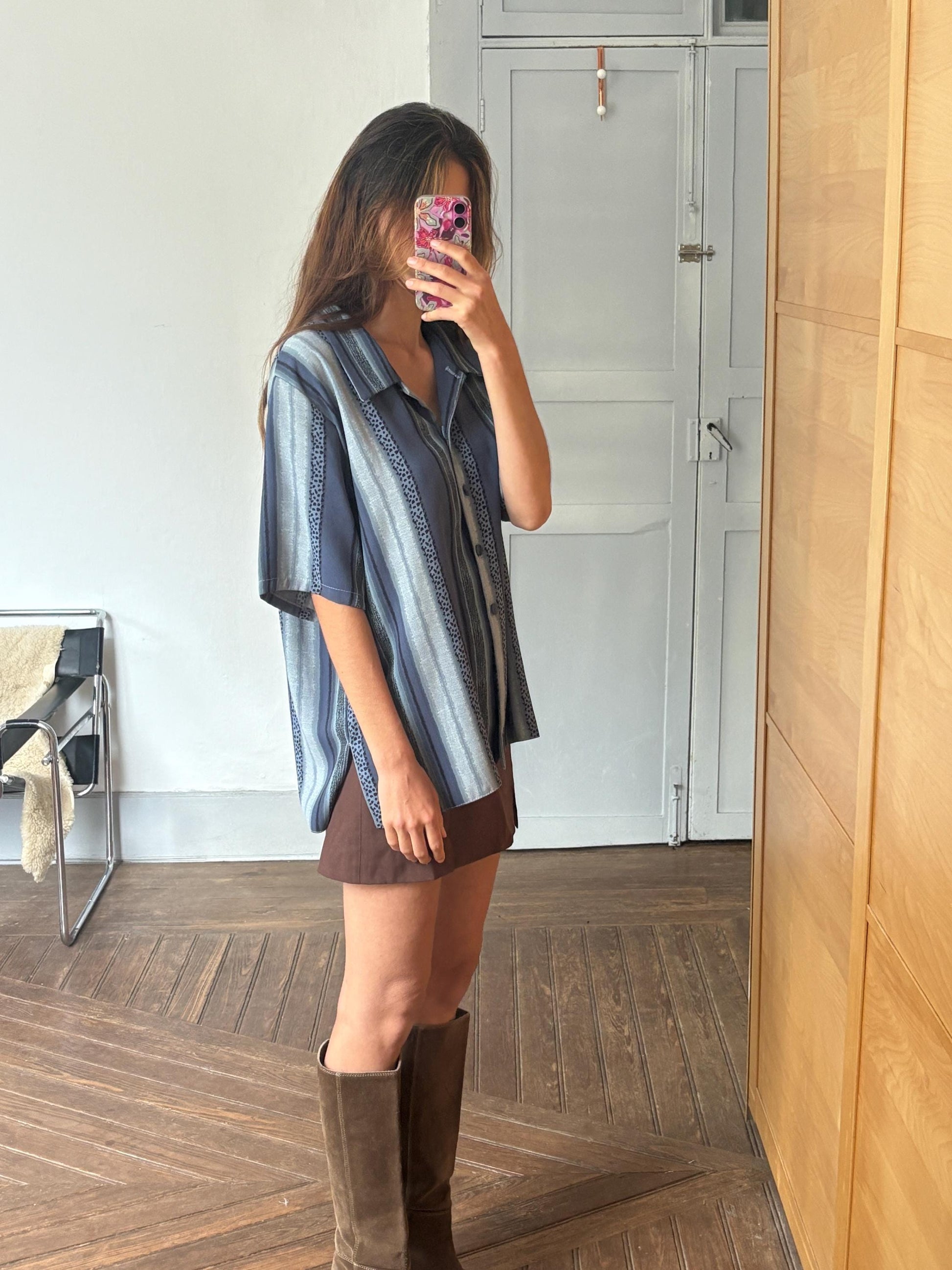 Vintage Aaron Design striped blue shirt made in England, unisex boxy fit retro button up, Groovy 80s - 90s fashion, Size L