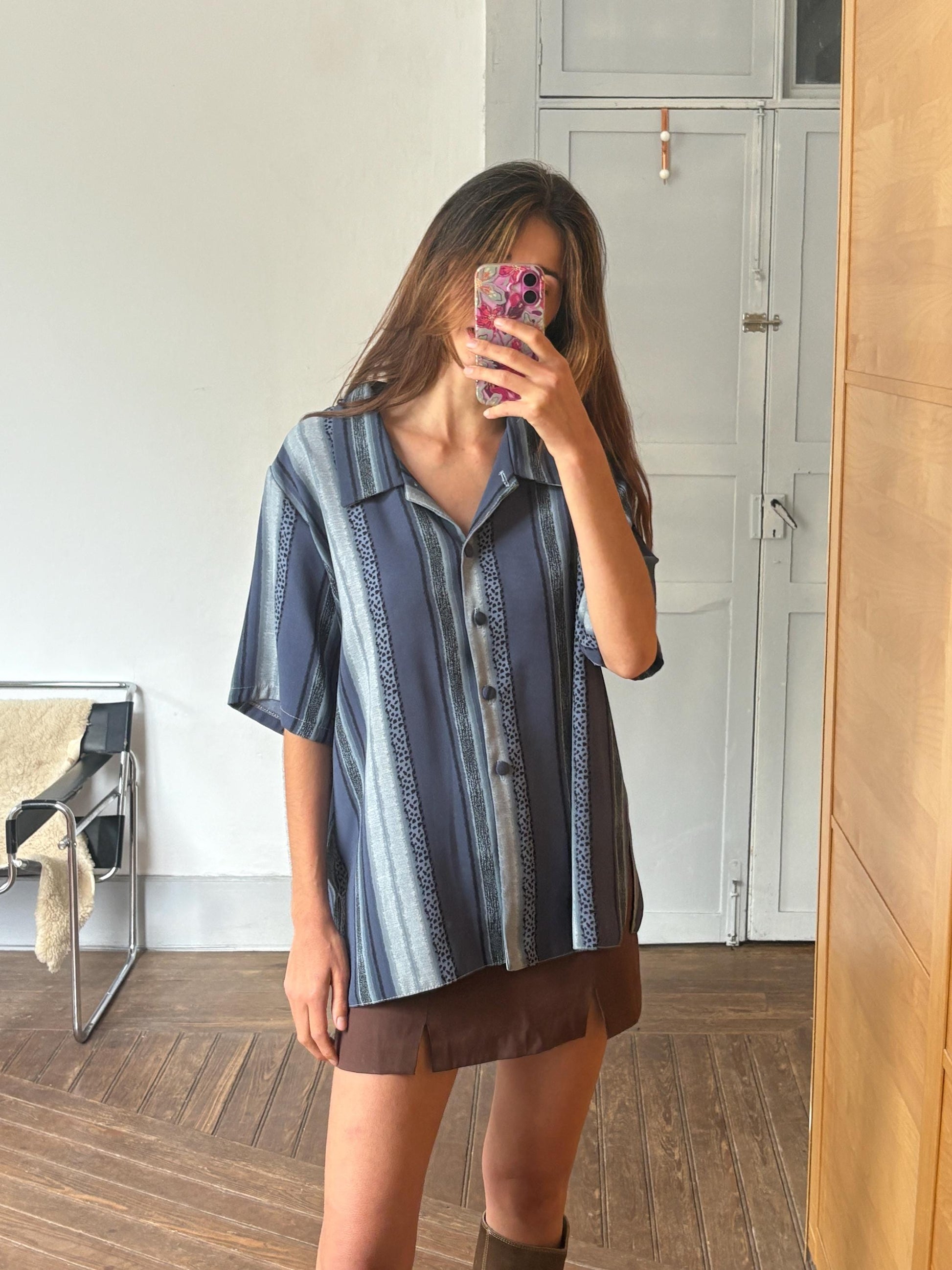 Vintage Aaron Design striped blue shirt made in England, unisex boxy fit retro button up, Groovy 80s - 90s fashion, Size L