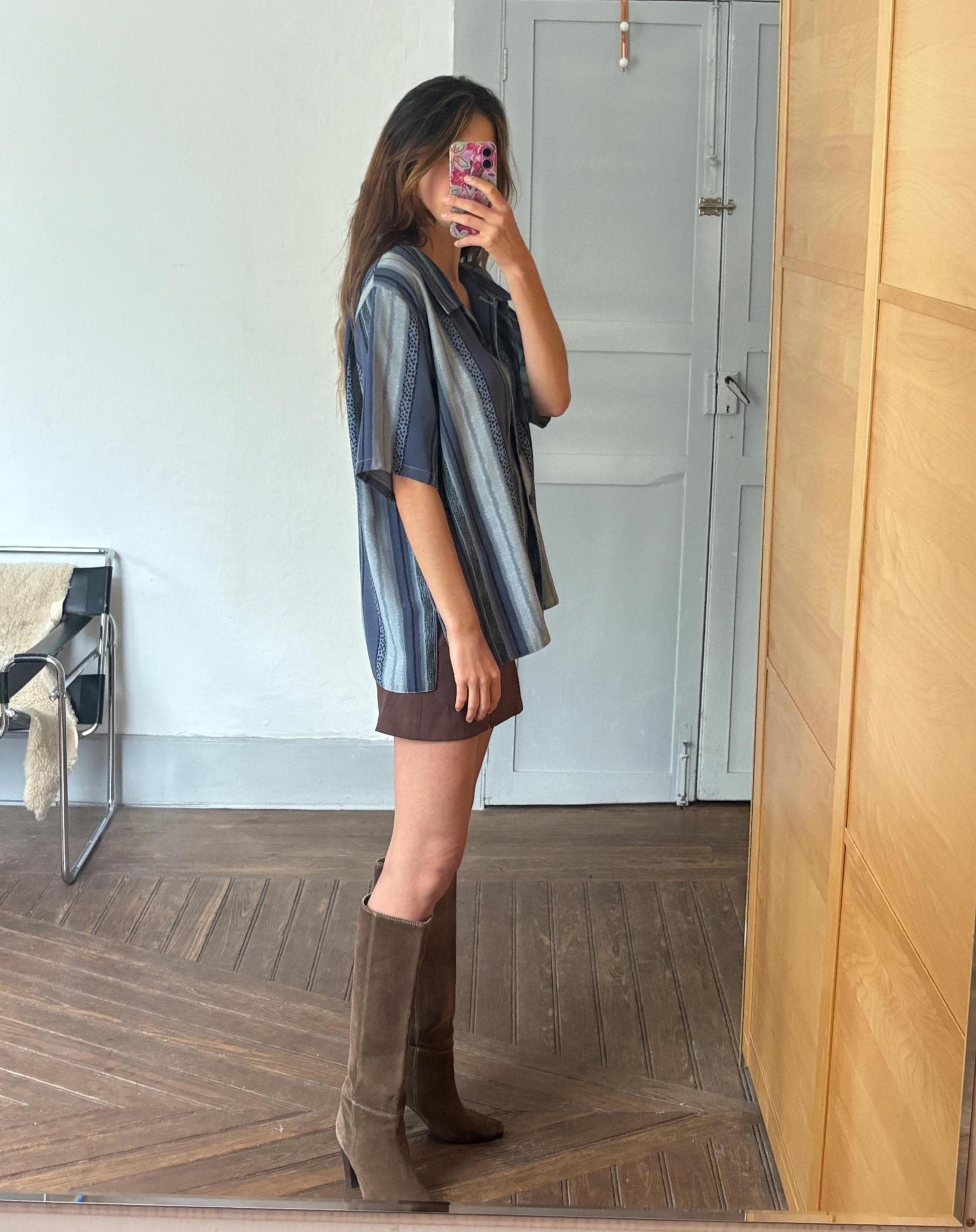 Vintage Aaron Design striped blue shirt made in England, unisex boxy fit retro button up, Groovy 80s - 90s fashion, Size L