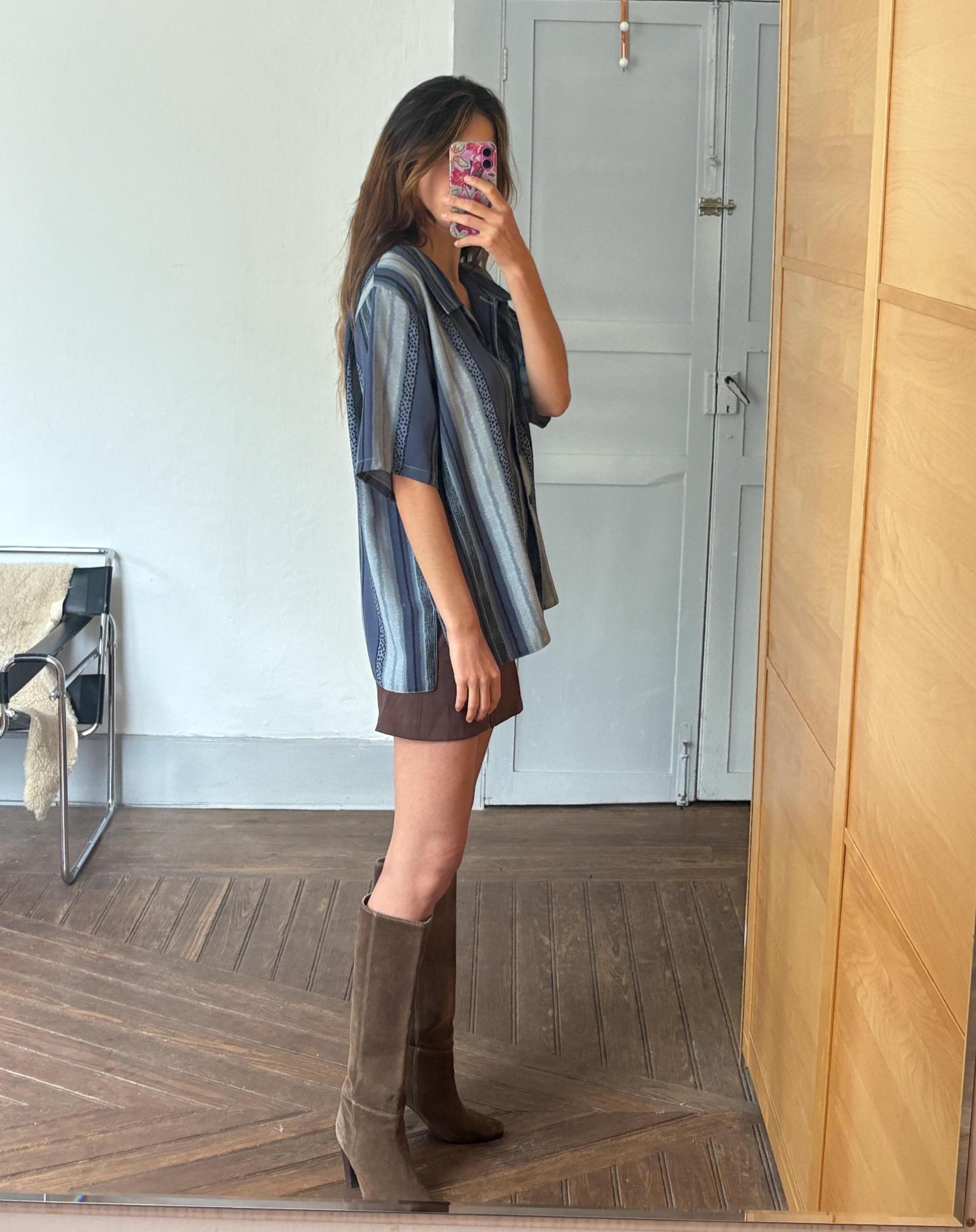 Vintage Aaron Design striped blue shirt made in England, unisex boxy fit retro button up, Groovy 80s - 90s fashion, Size L