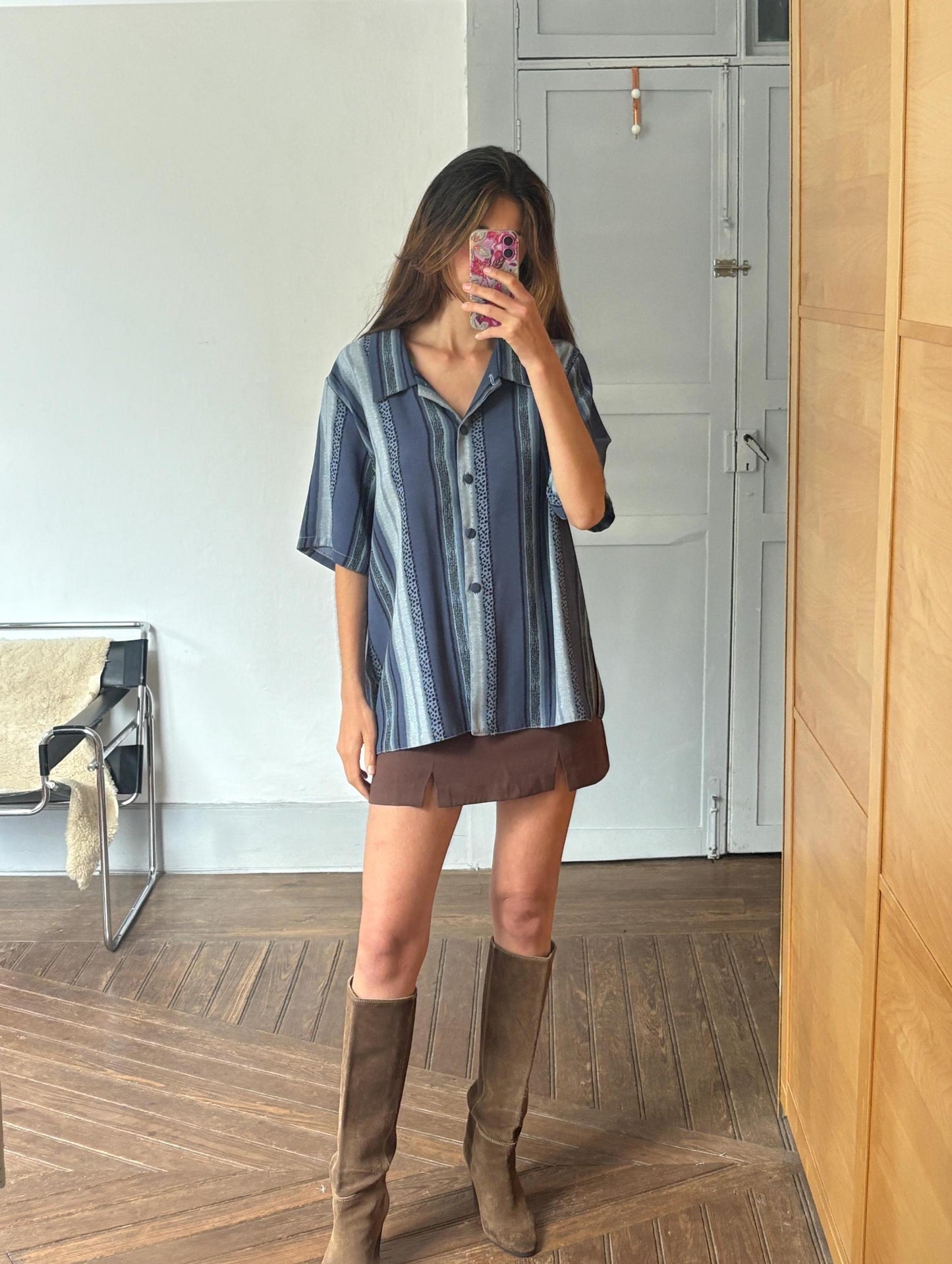 Vintage Aaron Design striped blue shirt made in England, unisex boxy fit retro button up, Groovy 80s - 90s fashion, Size L