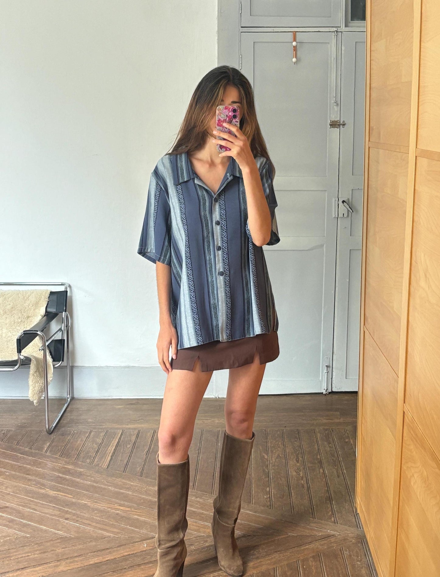 Vintage Aaron Design striped blue shirt made in England, unisex boxy fit retro button up, Groovy 80s - 90s fashion, Size L