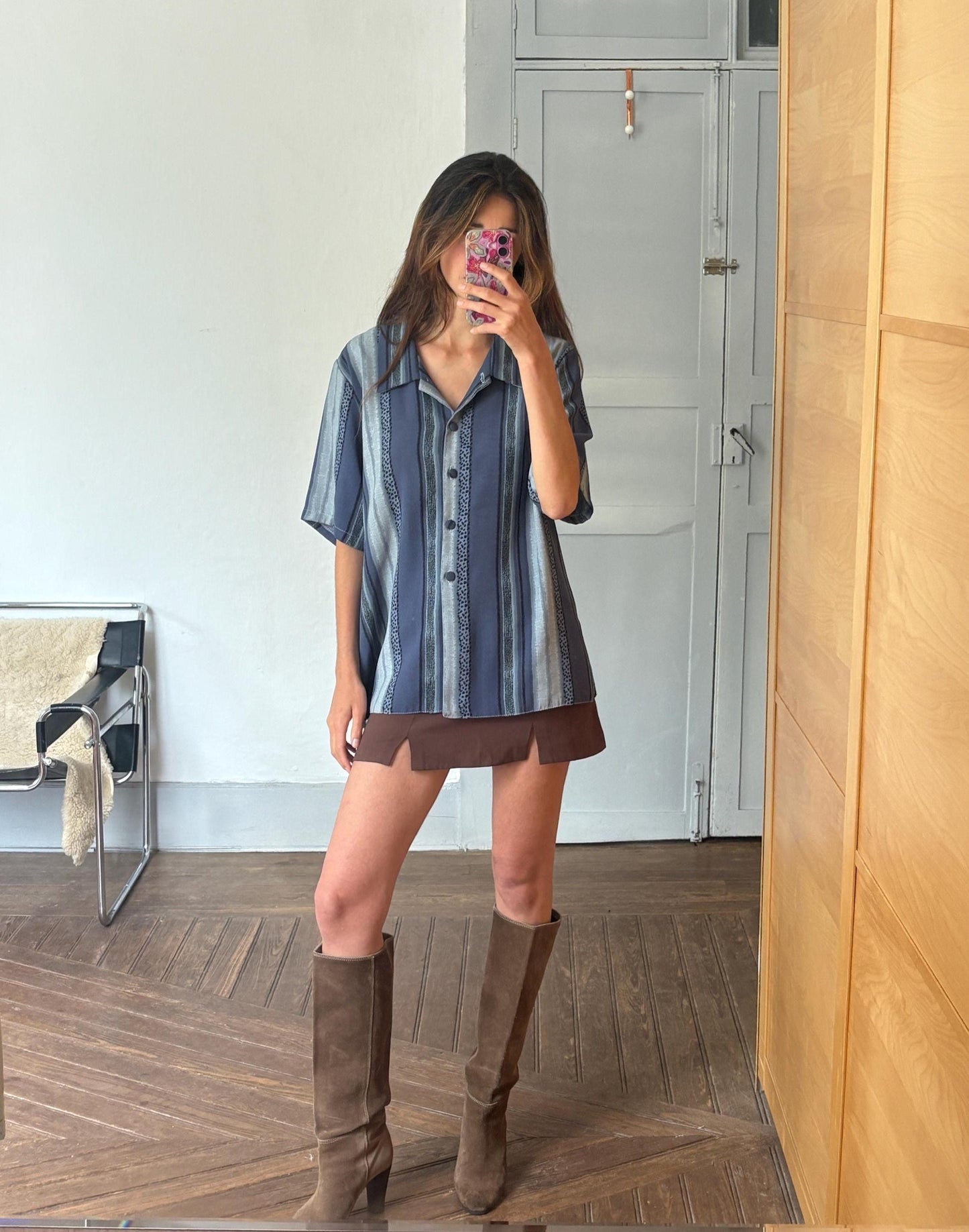 Vintage Aaron Design striped blue shirt made in England, unisex boxy fit retro button up, Groovy 80s - 90s fashion, Size L