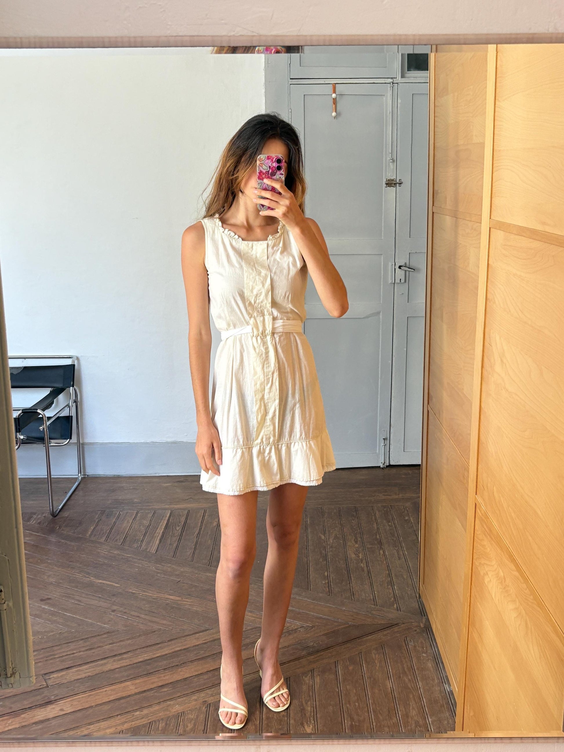 Vintage off white Adolfo Dominguez dress with waist tie, Lightweight cotton midi dress, Spanish designer summer mini