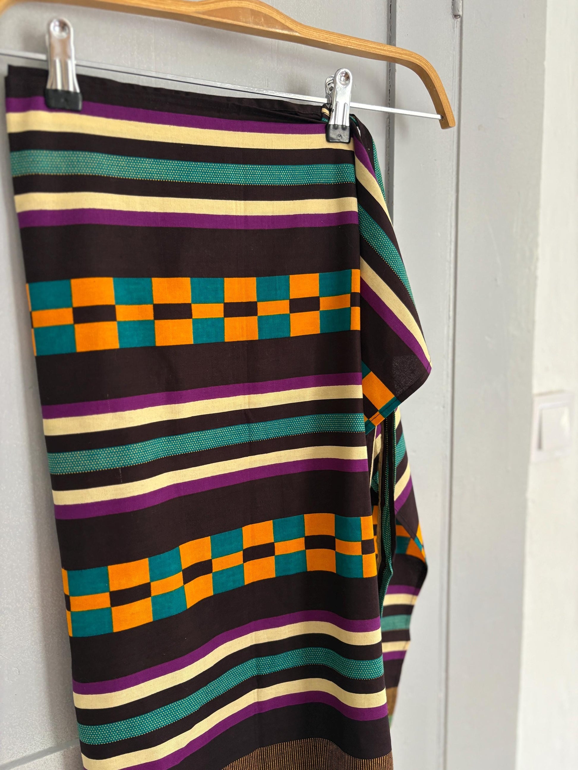 Gorgeous Vintage wrap around skirt, Colourful stripe and check print midi skirt, Long one size fits most summer skirt, adjustable waist