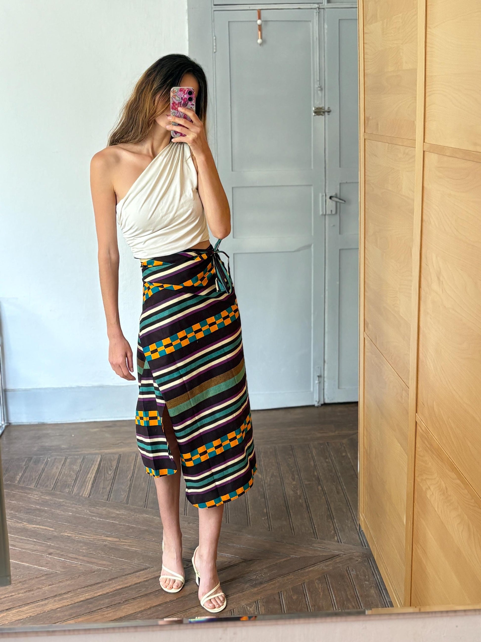 Gorgeous Vintage wrap around skirt, Colourful stripe and check print midi skirt, Long one size fits most summer skirt, adjustable waist