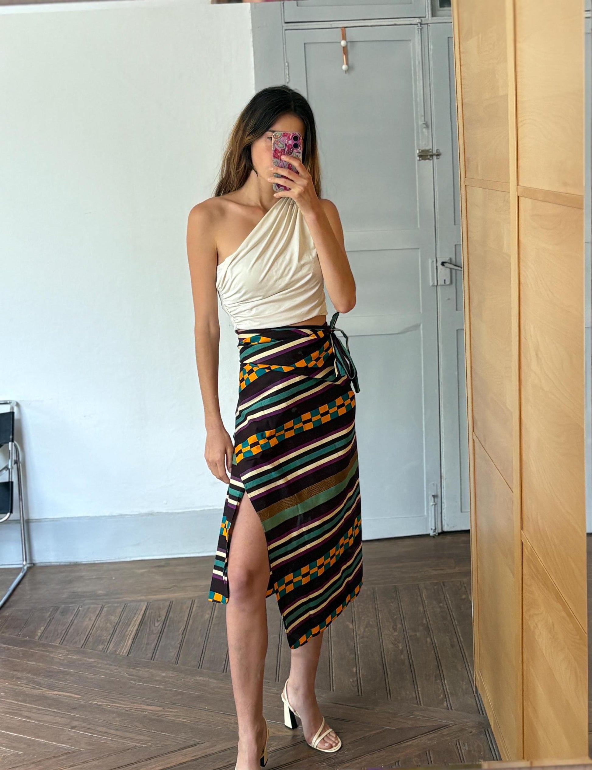 Gorgeous Vintage wrap around skirt, Colourful stripe and check print midi skirt, Long one size fits most summer skirt, adjustable waist