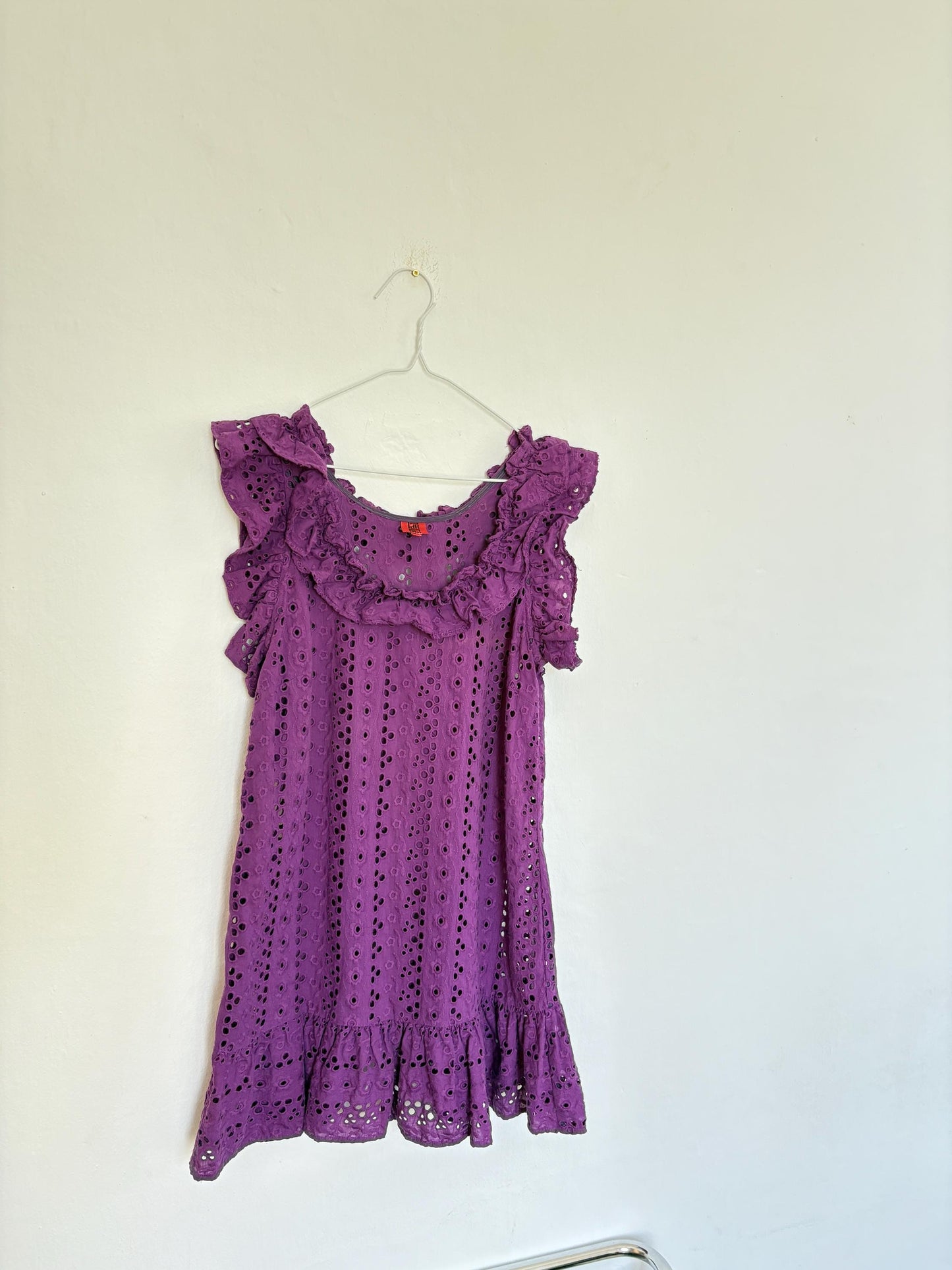 Vintage purple Pedro del Hierro Sport mini dress, Sexy eyelet cotton summer coverup, See through beachwear, Sheer pop of colour clothing