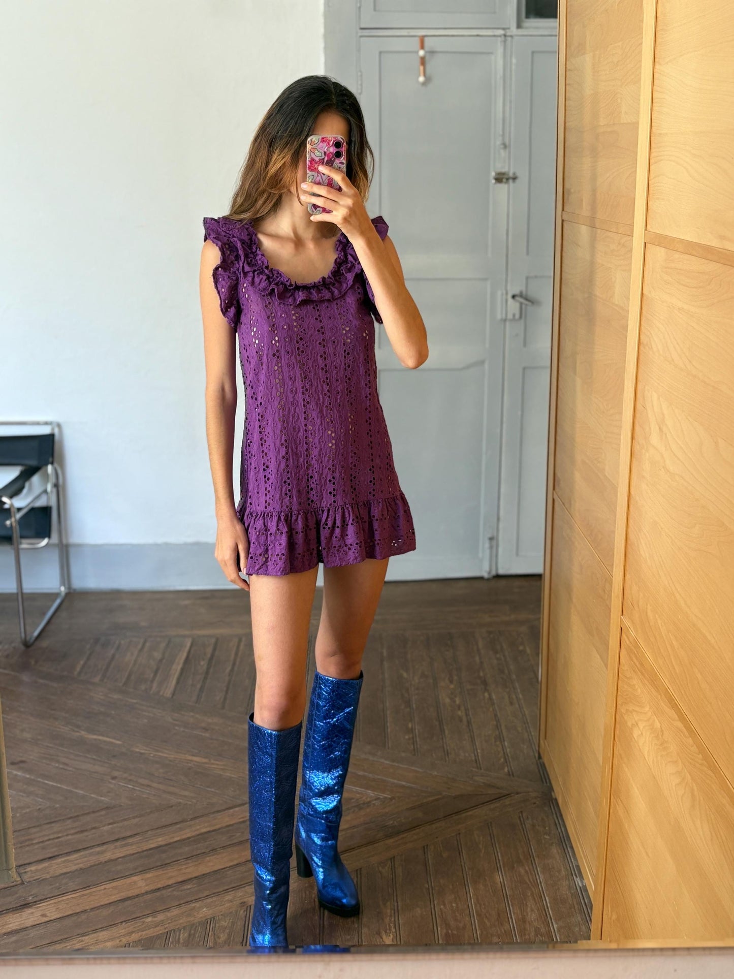Vintage purple Pedro del Hierro Sport mini dress, Sexy eyelet cotton summer coverup, See through beachwear, Sheer pop of colour clothing
