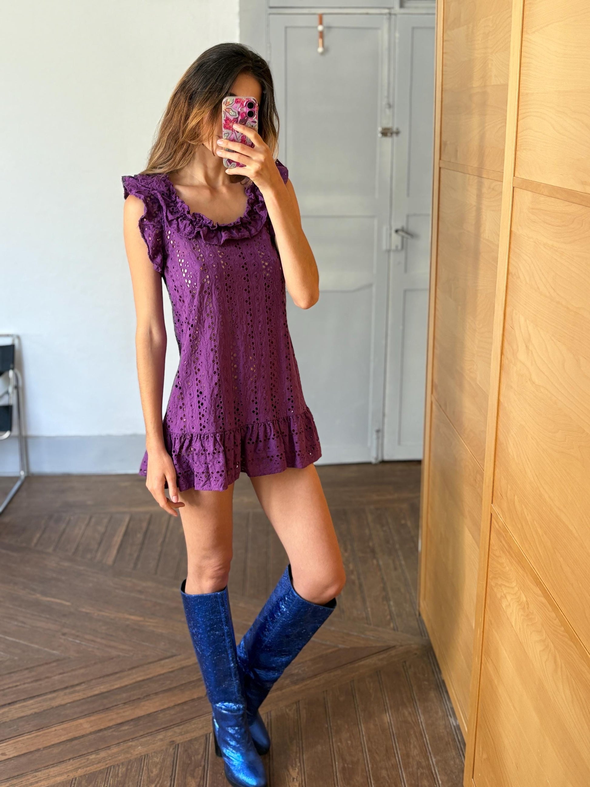 Vintage purple Pedro del Hierro Sport mini dress, Sexy eyelet cotton summer coverup, See through beachwear, Sheer pop of colour clothing
