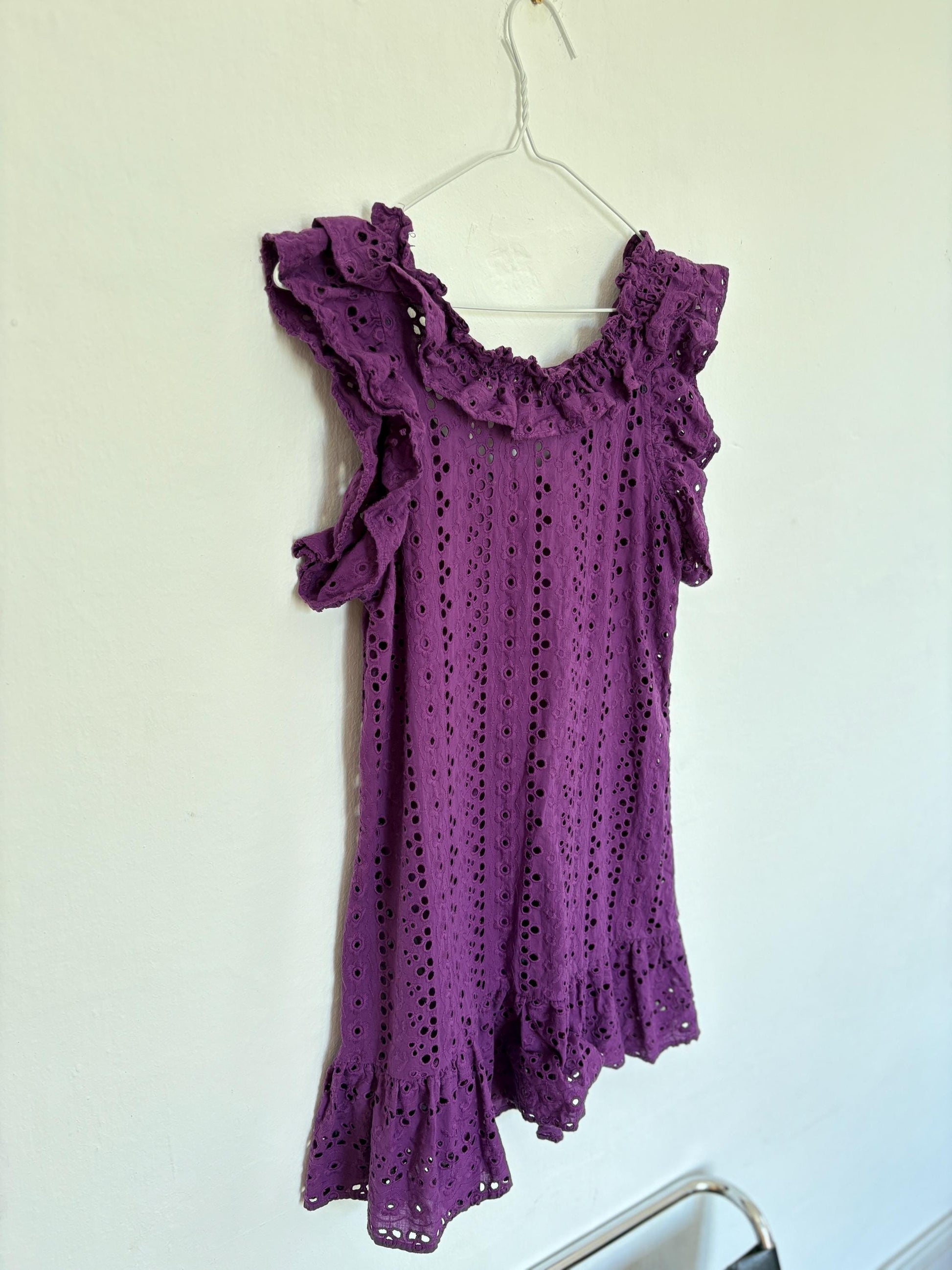 Vintage purple Pedro del Hierro Sport mini dress, Sexy eyelet cotton summer coverup, See through beachwear, Sheer pop of colour clothing