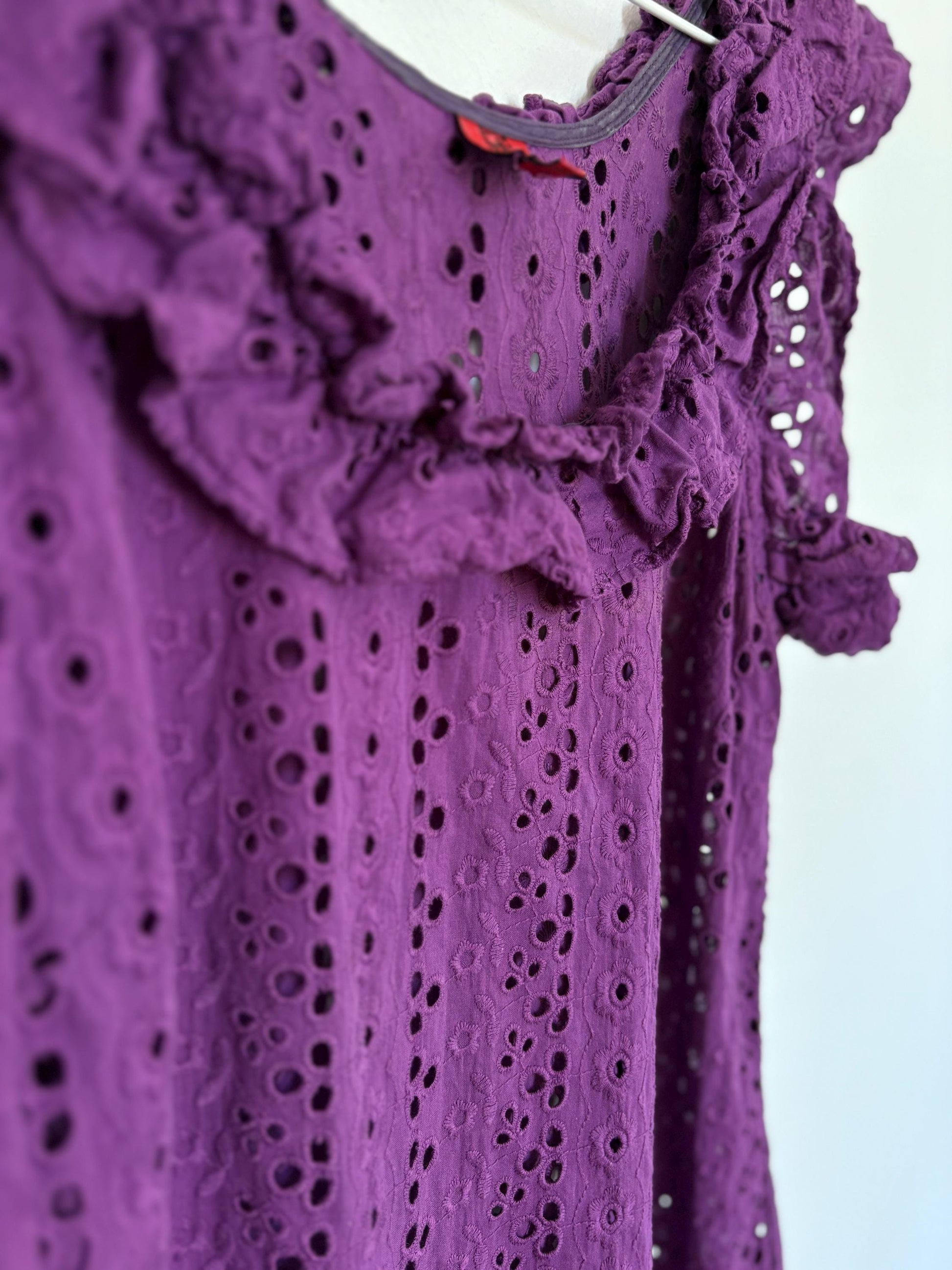 Vintage purple Pedro del Hierro Sport mini dress, Sexy eyelet cotton summer coverup, See through beachwear, Sheer pop of colour clothing
