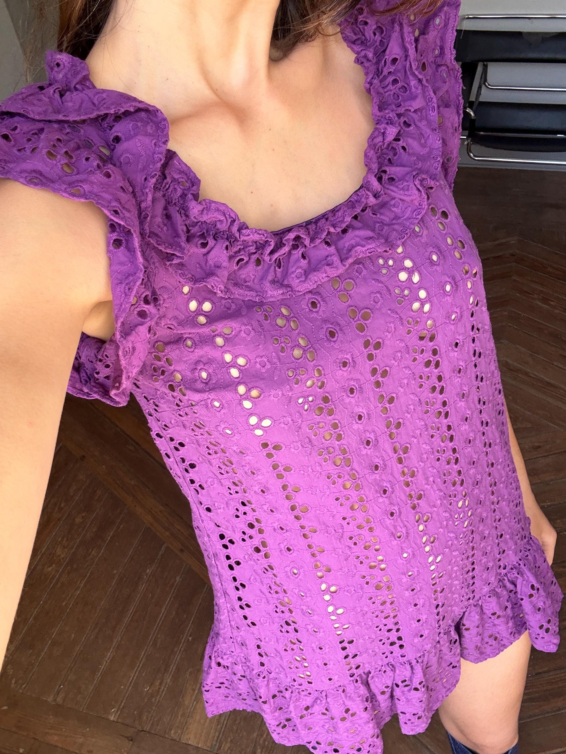 Vintage purple Pedro del Hierro Sport mini dress, Sexy eyelet cotton summer coverup, See through beachwear, Sheer pop of colour clothing