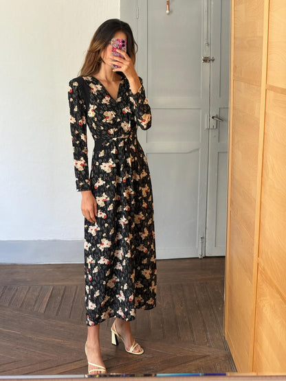 Silk Floral maxi dress with hourglass silhouette, size 38, Wedding guest dress