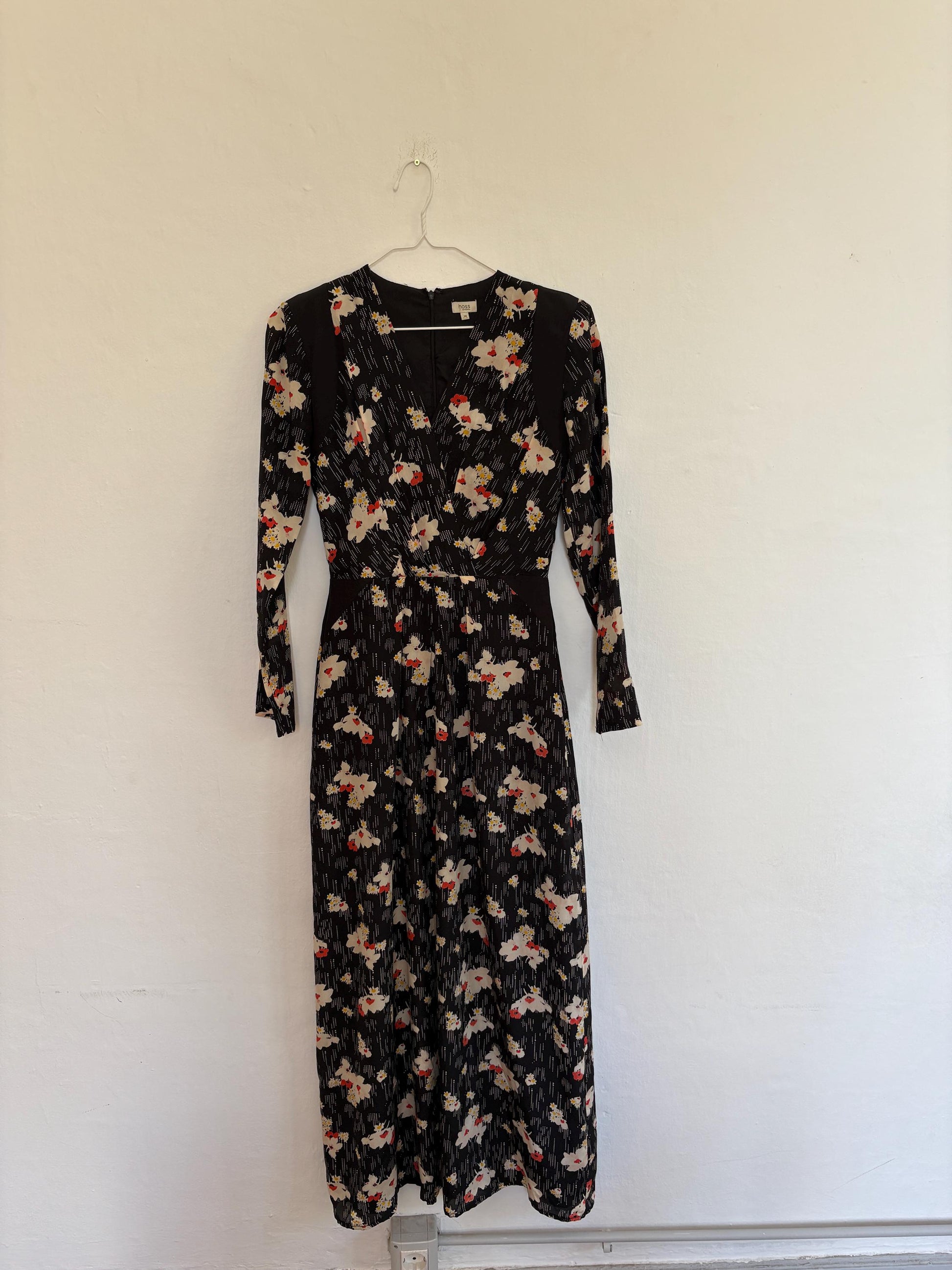 Vintage Hoss Intropia floral maxi dress with padded shoulders & hourglass silhouette, size 38, Wedding guest dress, Long summer dress