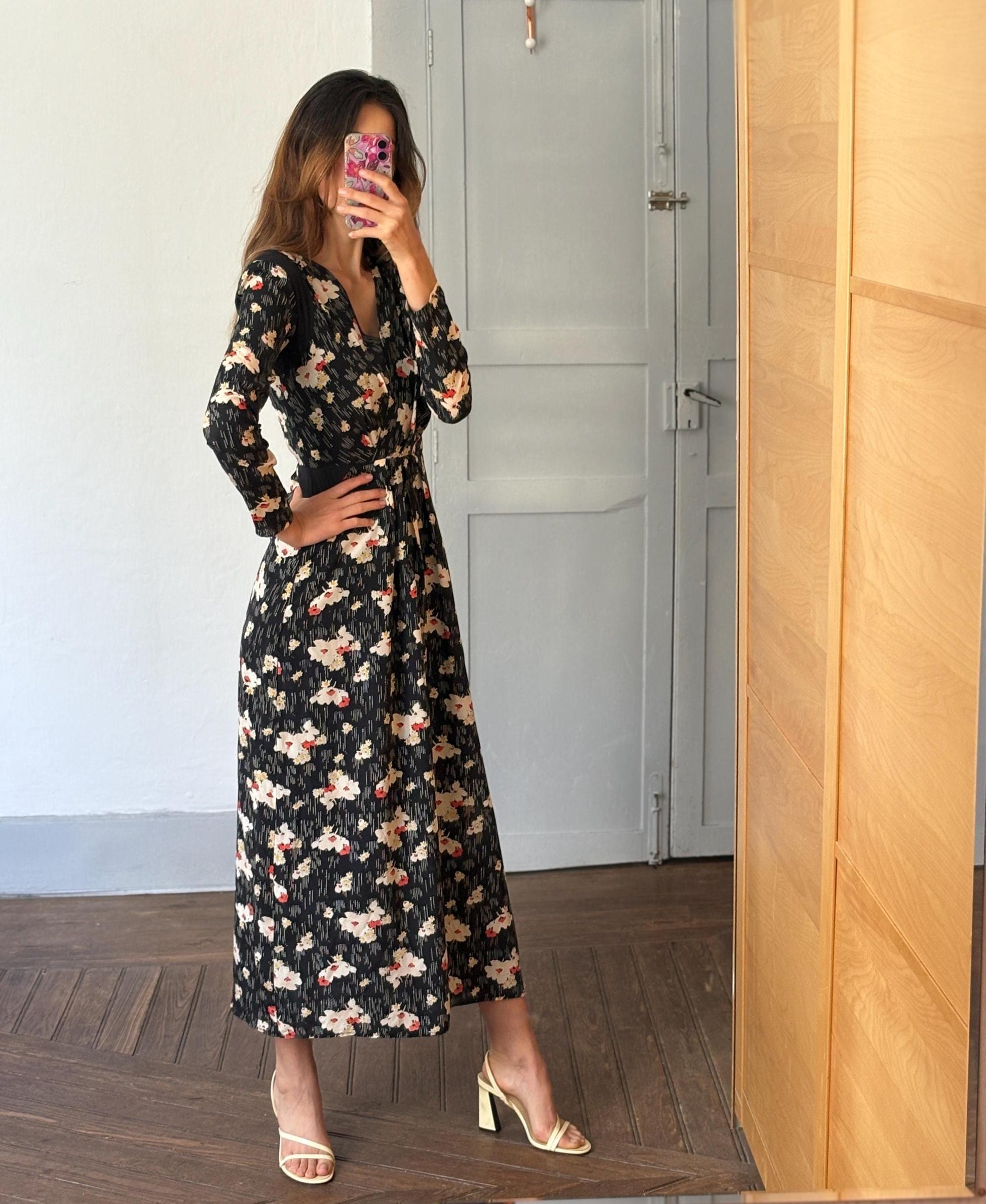 Silk Floral maxi dress with hourglass silhouette, size 38, Wedding guest dress