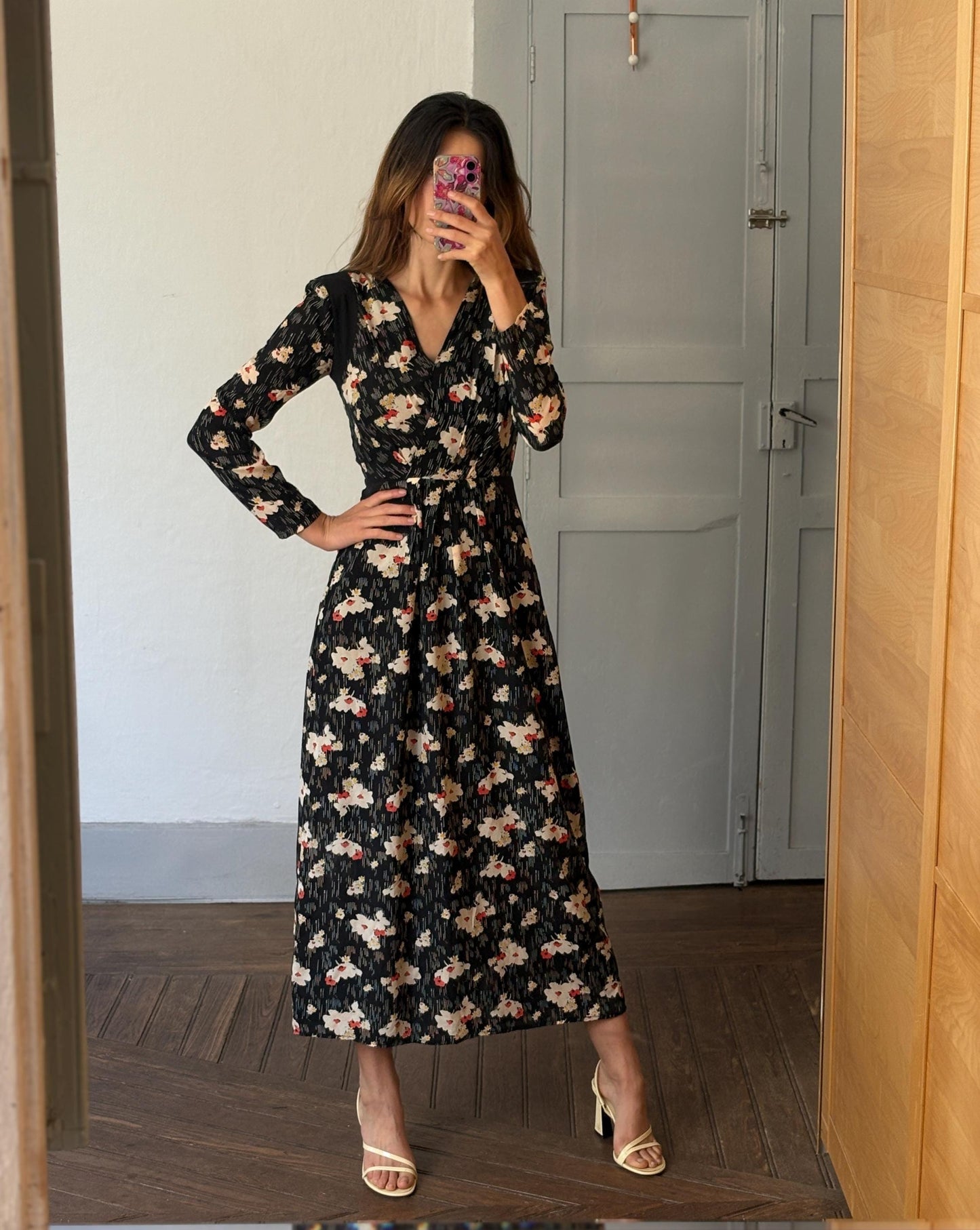 Silk Floral maxi dress with hourglass silhouette, size 38, Wedding guest dress