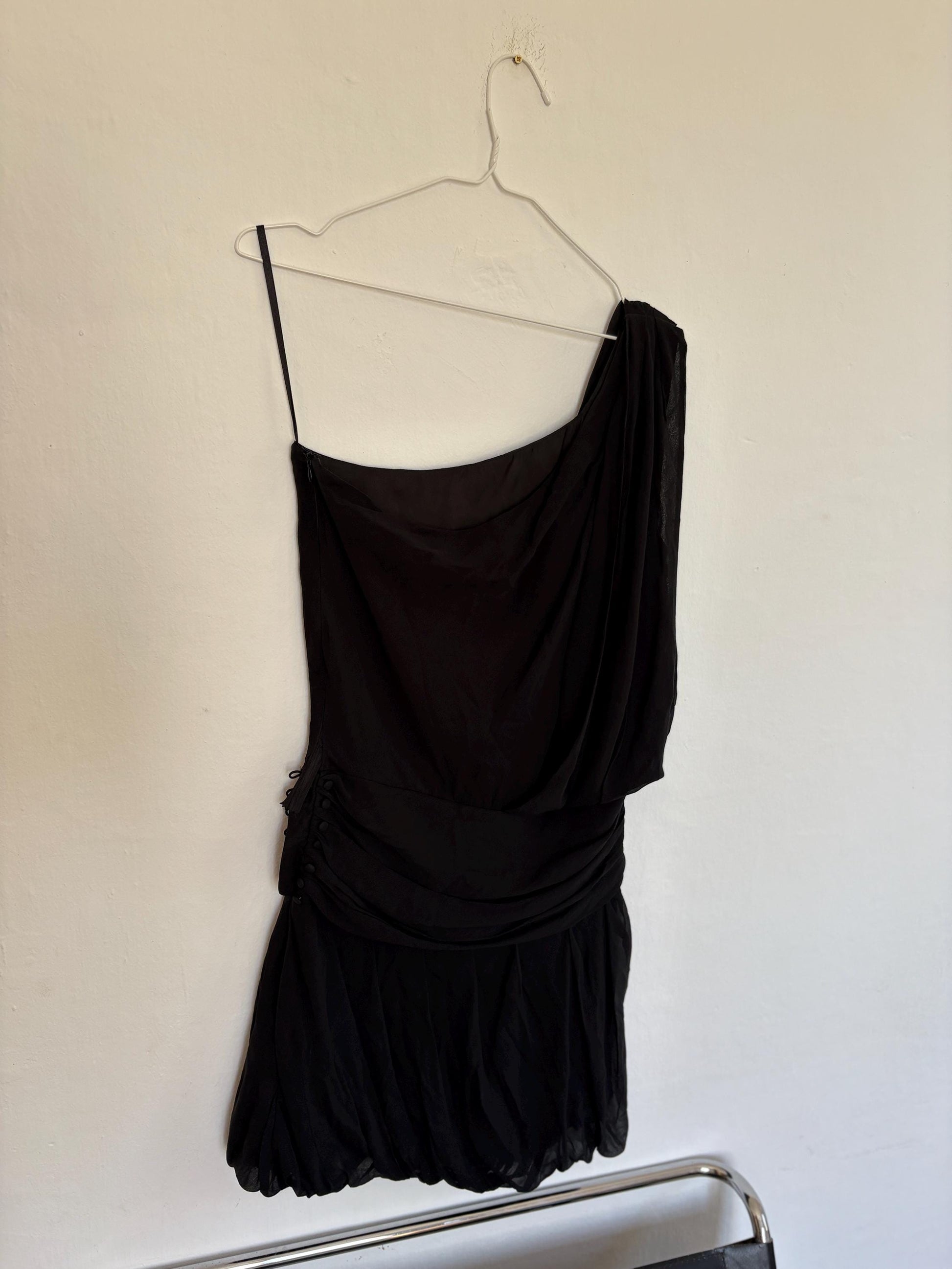 Luxe 100% silk black short one shoulder dres, Luxury designer clothing, size 40
