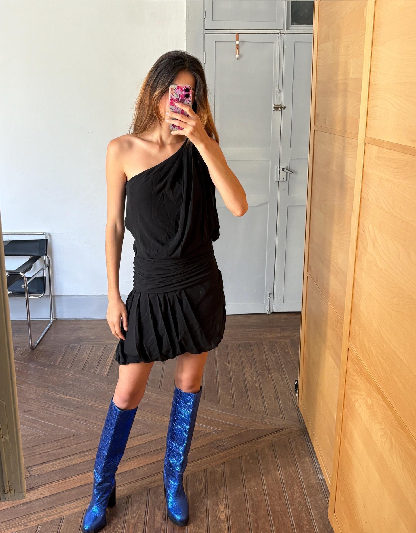 Gorgeous black one - shoulder mini dress, Luxe Vintage 100% silk black short dres, Luxury designer clothing, size 40