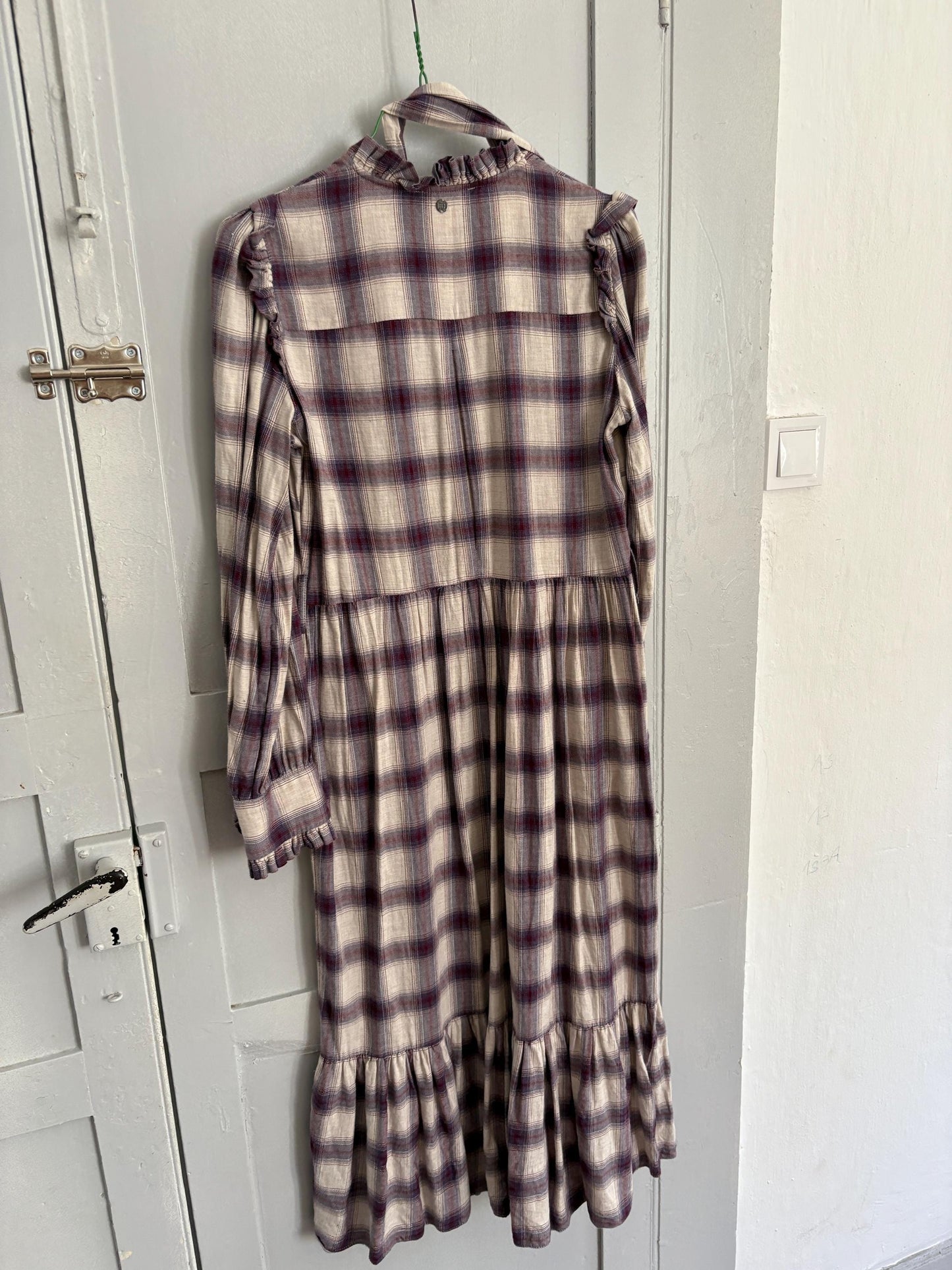 Vintage Spanish designer long dress, Checked plaid prairie style, Soft spring - autumn maxi dress, Luxe preppy branded wear