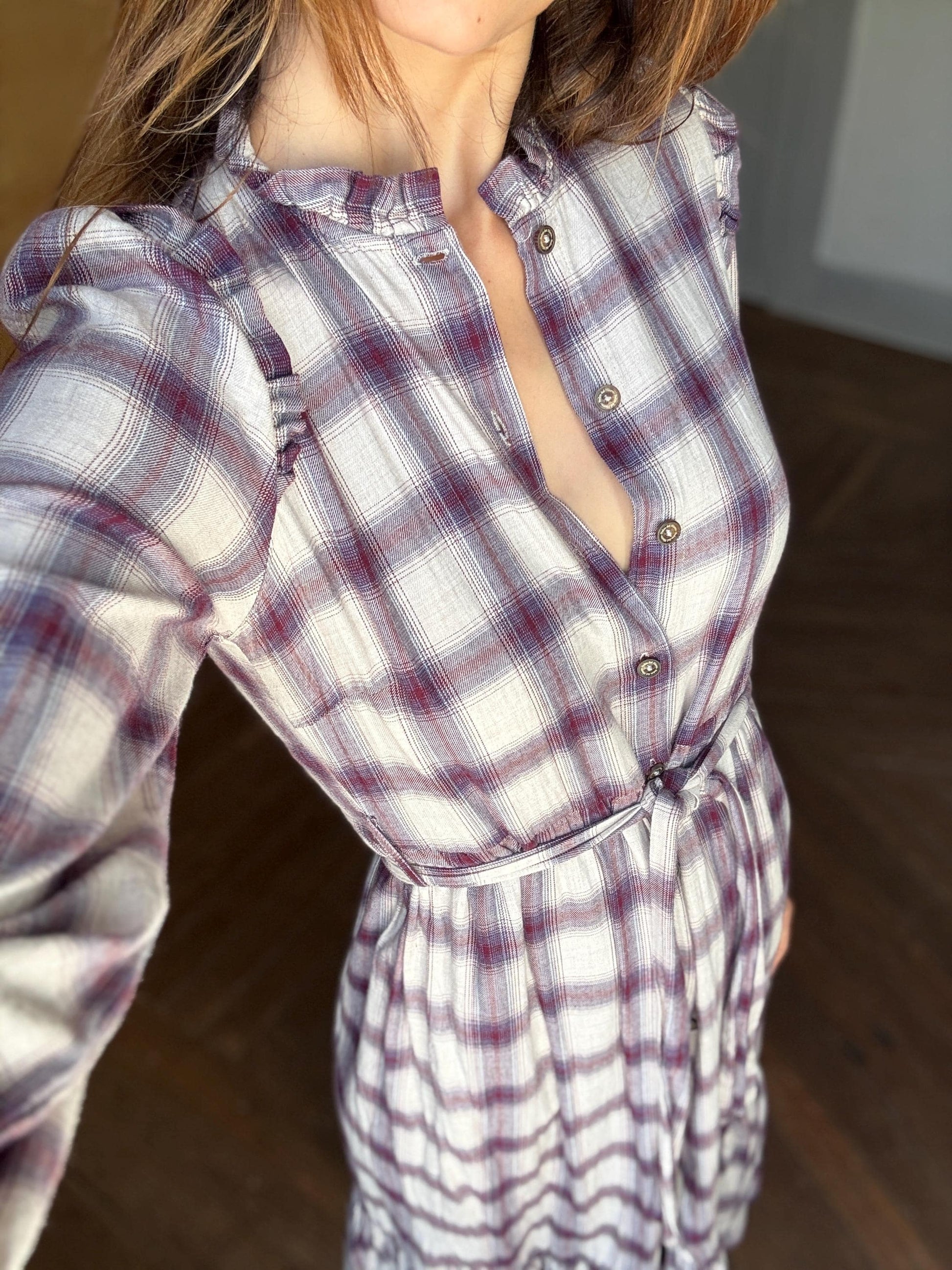 Vintage Spanish designer long dress, Checked plaid prairie style, Soft spring - autumn maxi dress, Luxe preppy branded wear