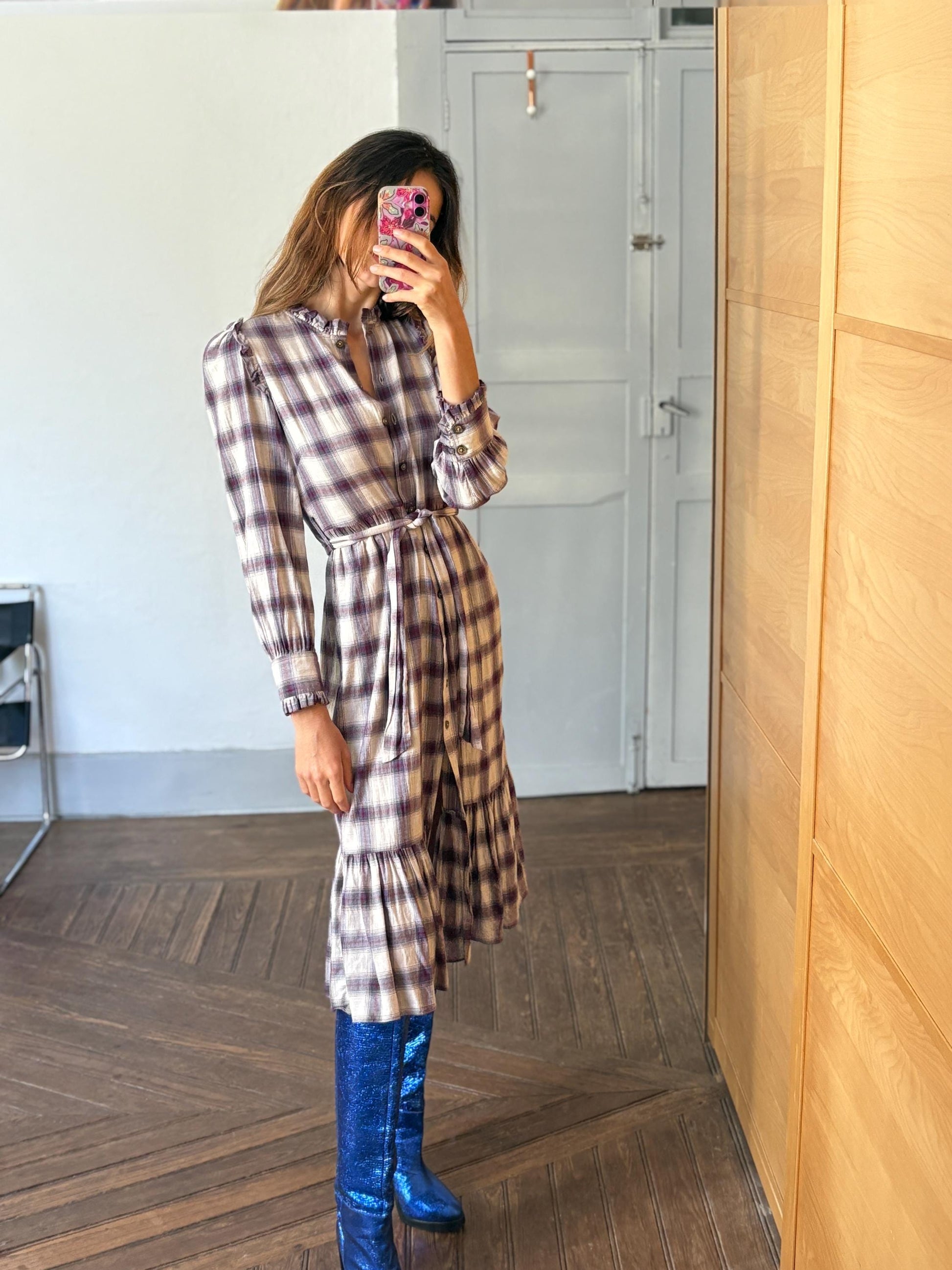 Vintage Spanish designer long dress, Checked plaid prairie style, Soft spring - autumn maxi dress, Luxe preppy branded wear