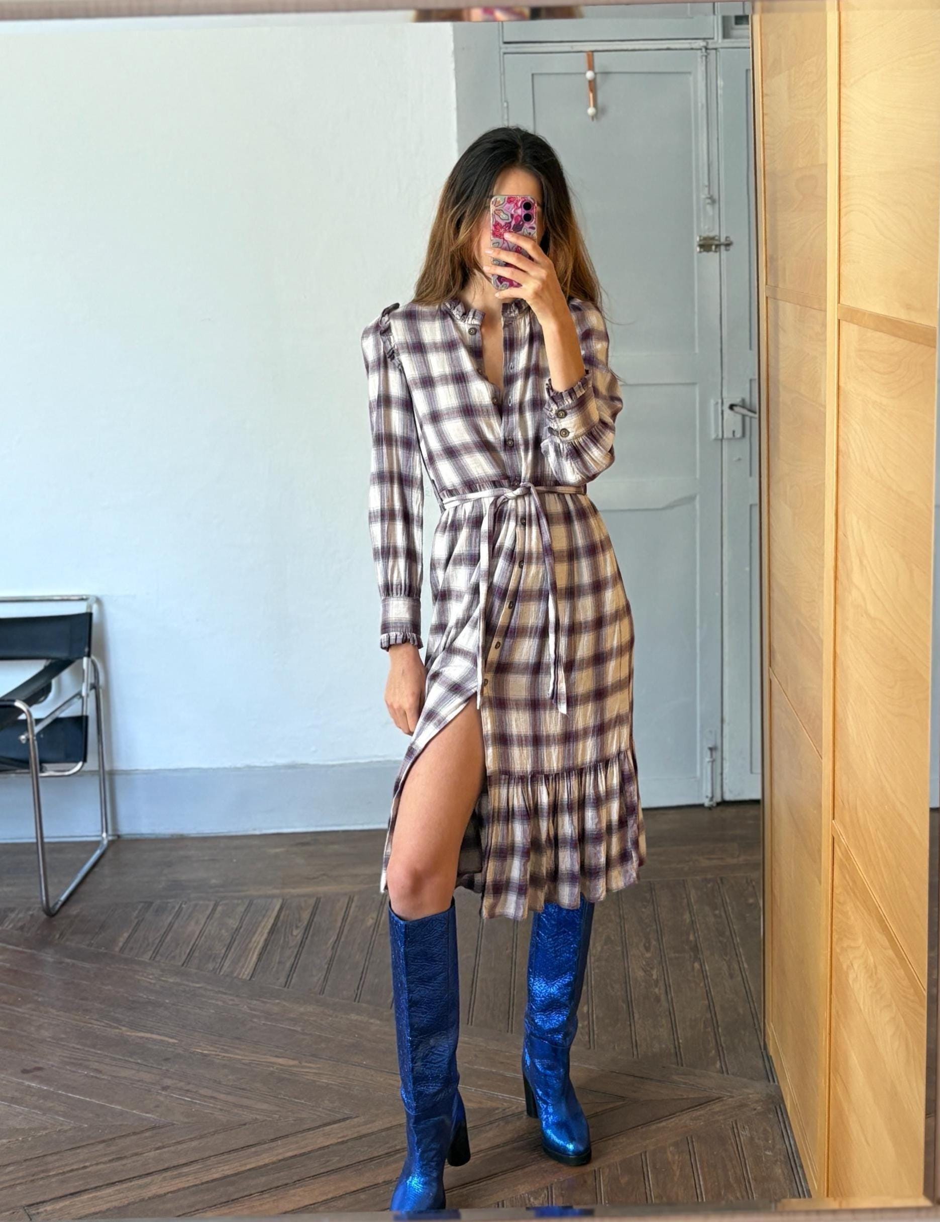 Vintage Spanish designer long dress, Checked plaid prairie style, Soft spring - autumn maxi dress, Luxe preppy branded wear