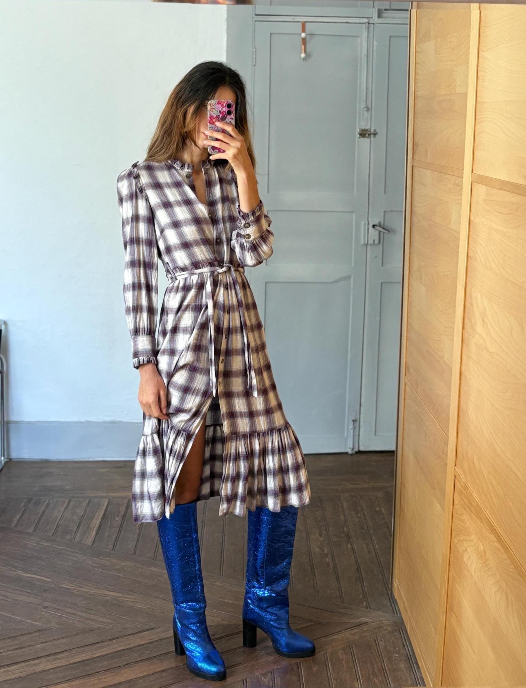 Vintage Spanish designer long dress, Checked plaid prairie style, Soft spring - autumn maxi dress, Luxe preppy branded wear