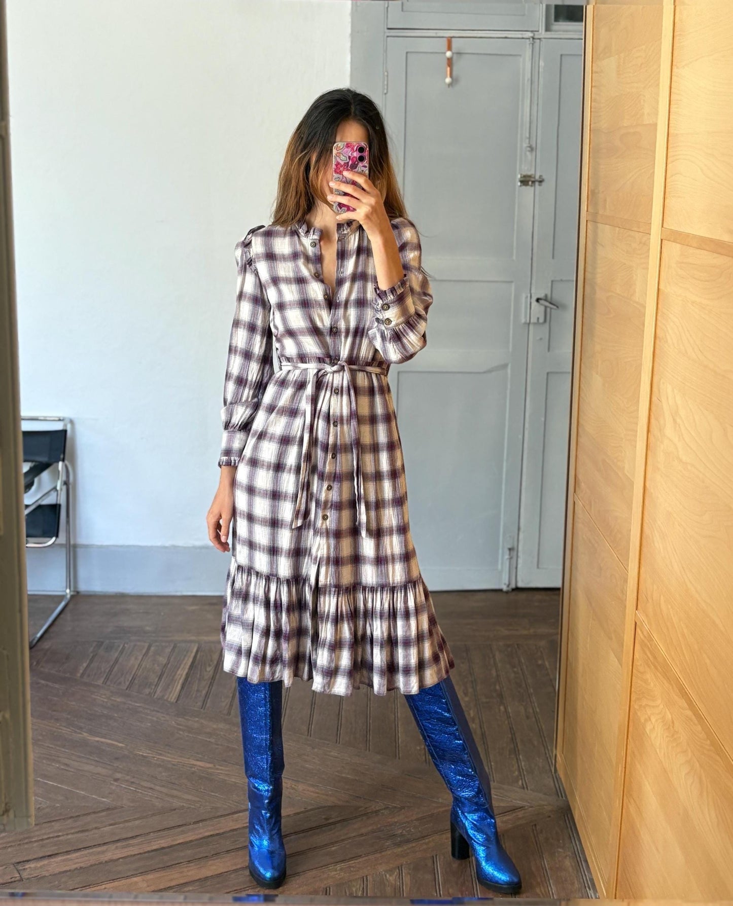 Vintage Spanish designer long dress, Checked plaid prairie style, Soft spring - autumn maxi dress, Luxe preppy branded wear