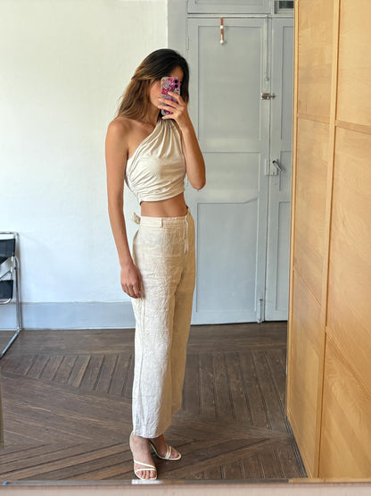 Eco-Friendly Beige Wide Leg Trousers — fabric close-up