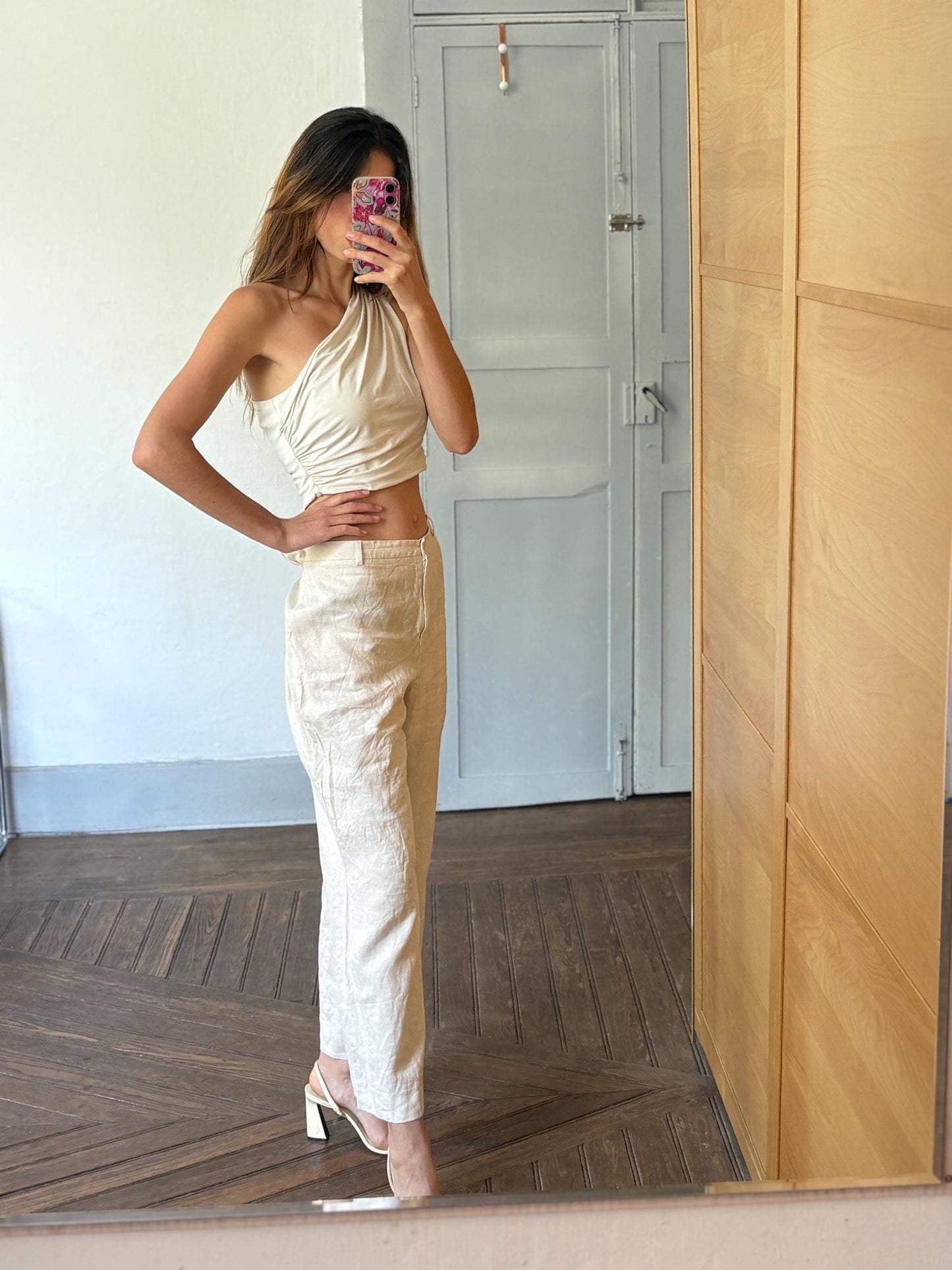 Earthy nagtural Vintage linen pants by El Corte Inglés, Sustainable fashion Wide leg cream beige trousers, Eco friendly Spanish clothing