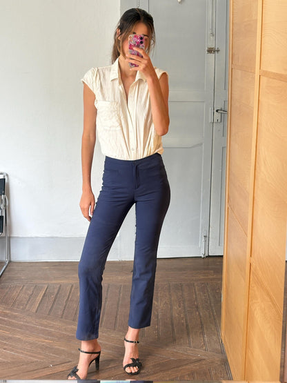 Italian Navy High-Waist Tailored Trousers — fabric close-up