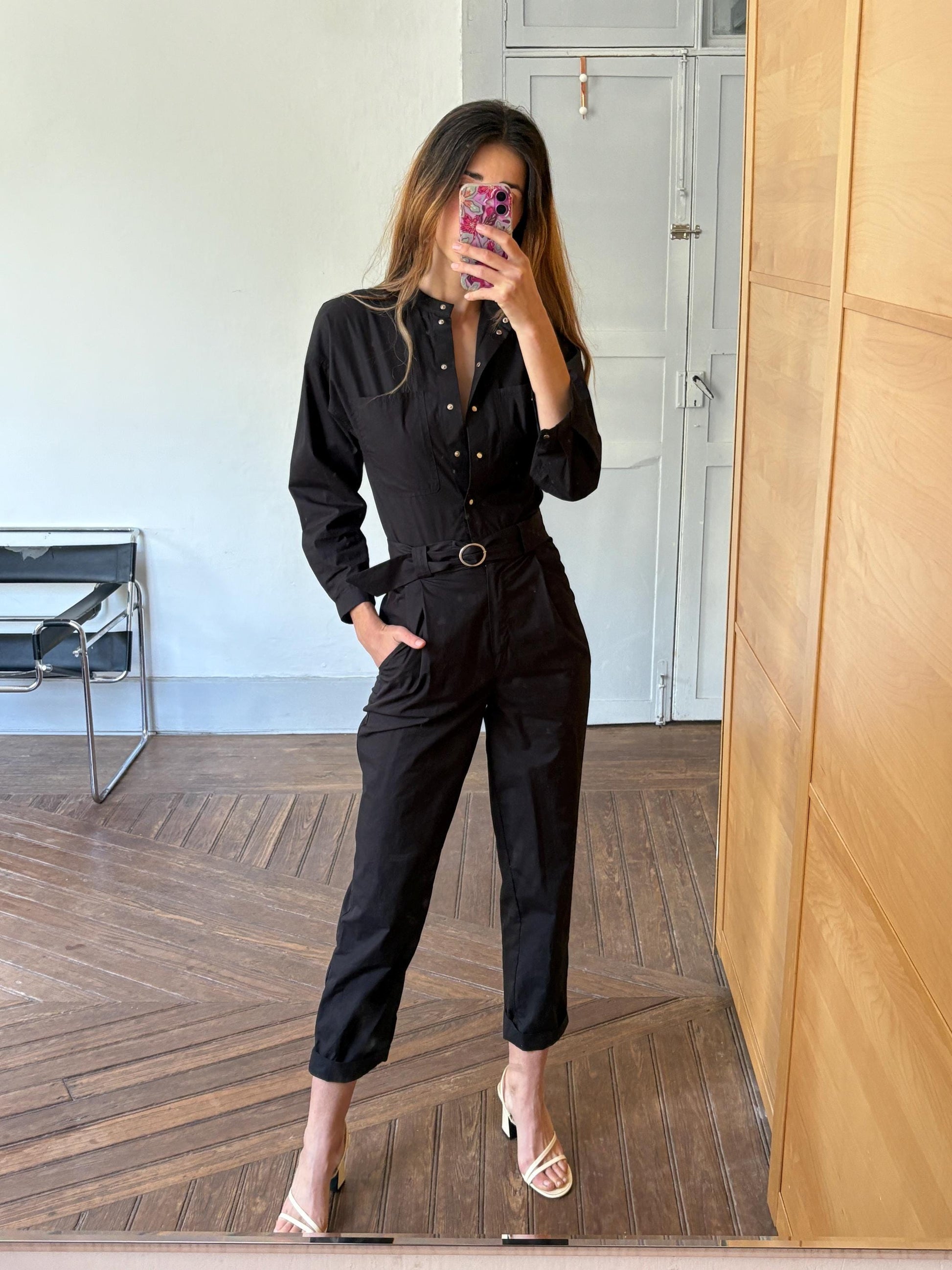 Black cotton jumpsuit, Massimo Dutti, tailored summer one-piece, snap button front, belted waist, size XS, utility chic style