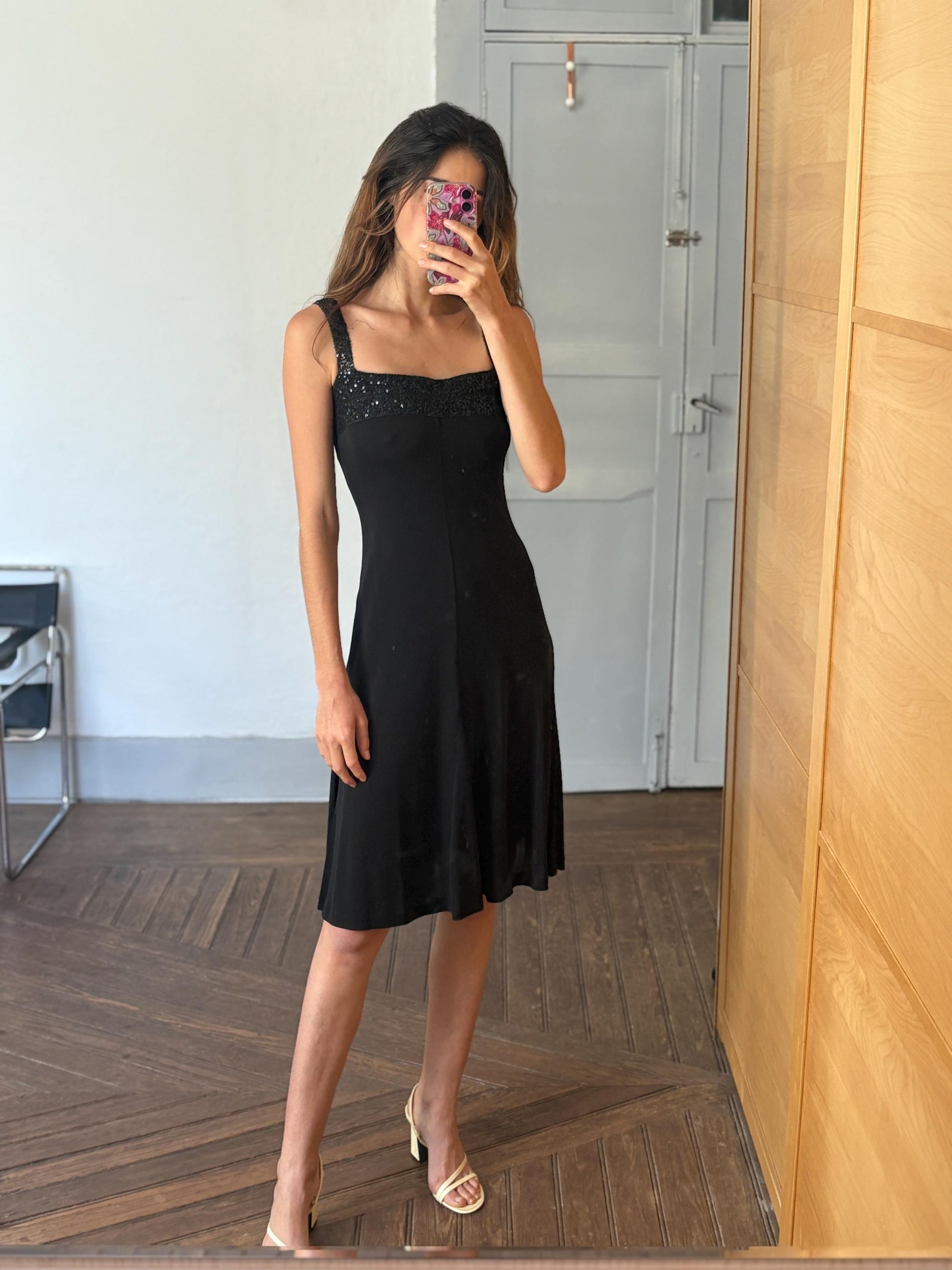 Black sequin midi dress, ANGEL SCHLESSER vintage cocktail style dress, square neckline, sparkly straps, size EU S - M elegant flowy fit