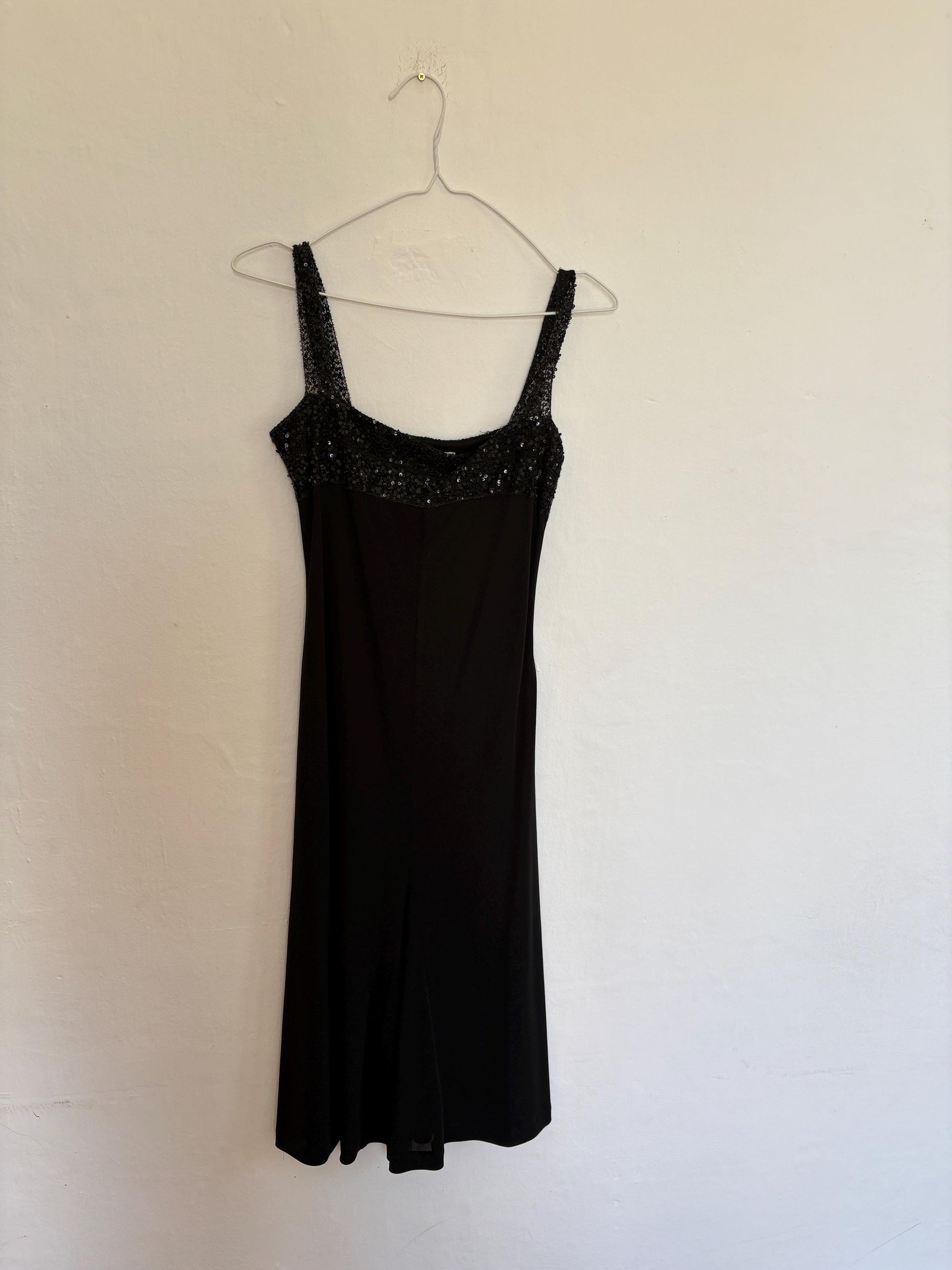 Black sequin midi dress, ANGEL SCHLESSER vintage cocktail style dress, square neckline, sparkly straps, size EU S - M elegant flowy fit