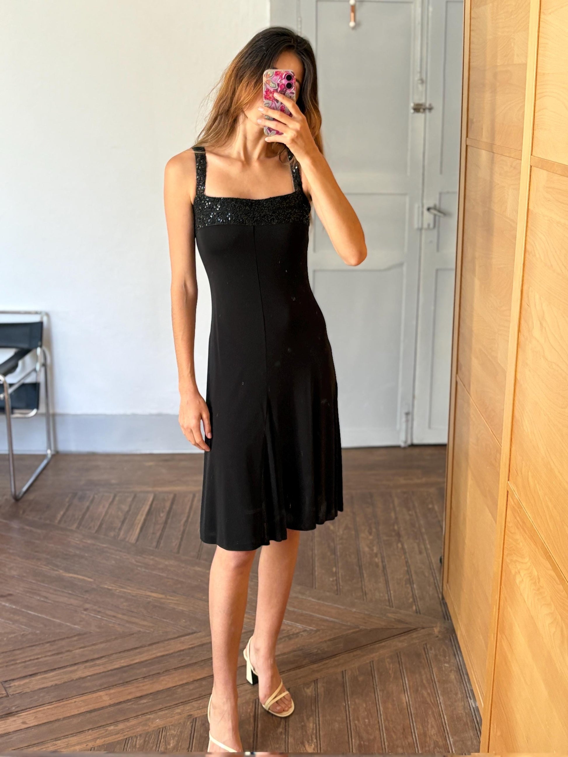 Black sequin midi dress, ANGEL SCHLESSER vintage cocktail style dress, square neckline, sparkly straps, size EU S - M elegant flowy fit