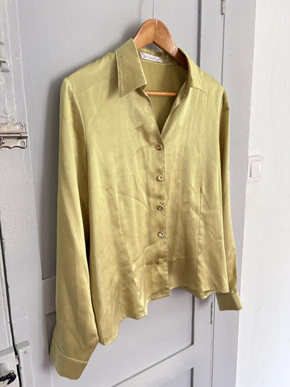 Vintage Sage Green Satin Blouse Marina Riveira, Golden Button Disco Shirt
