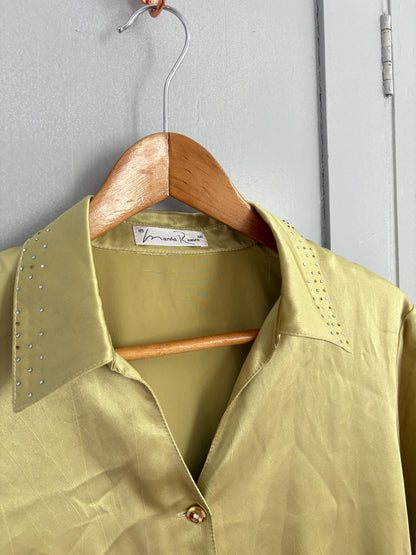 Vintage Sage Green Satin Blouse Marina Riveira, Golden Button Disco Shirt