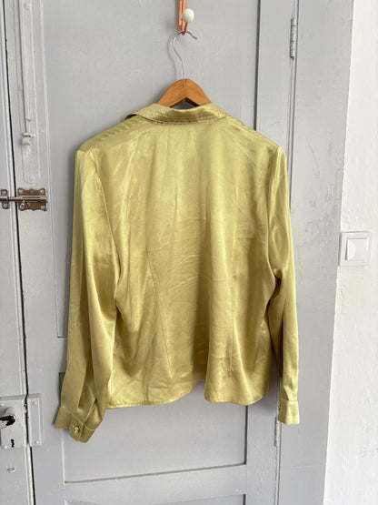 Vintage Sage Green Satin Blouse Marina Riveira, Golden Button Disco Shirt