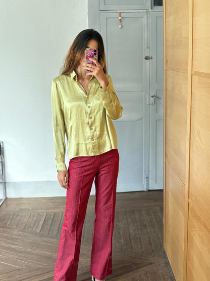 Vintage Sage Green Satin Blouse Marina Riveira, Golden Button Disco Shirt