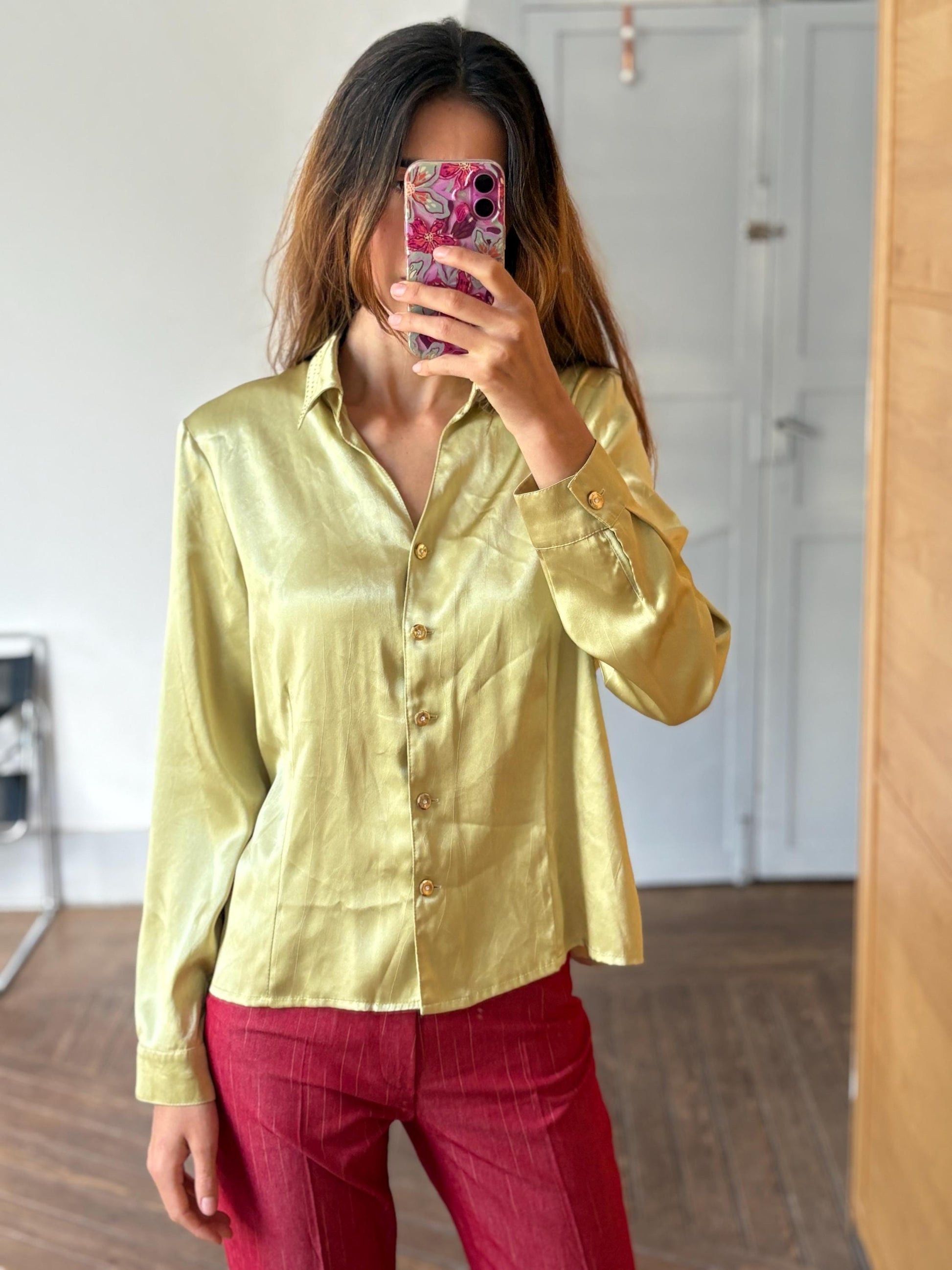 Vintage button up blouse Marina Riveira made in Spain, Golden buttons groovy stylish shiny party shirt, Statement vintage clothing