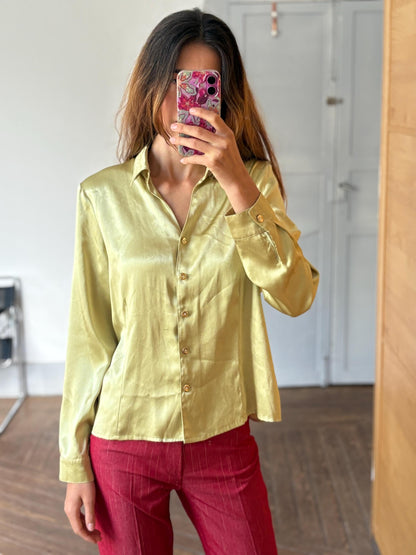 Vintage Sage Green Satin Blouse Marina Riveira, Golden Button Disco Shirt