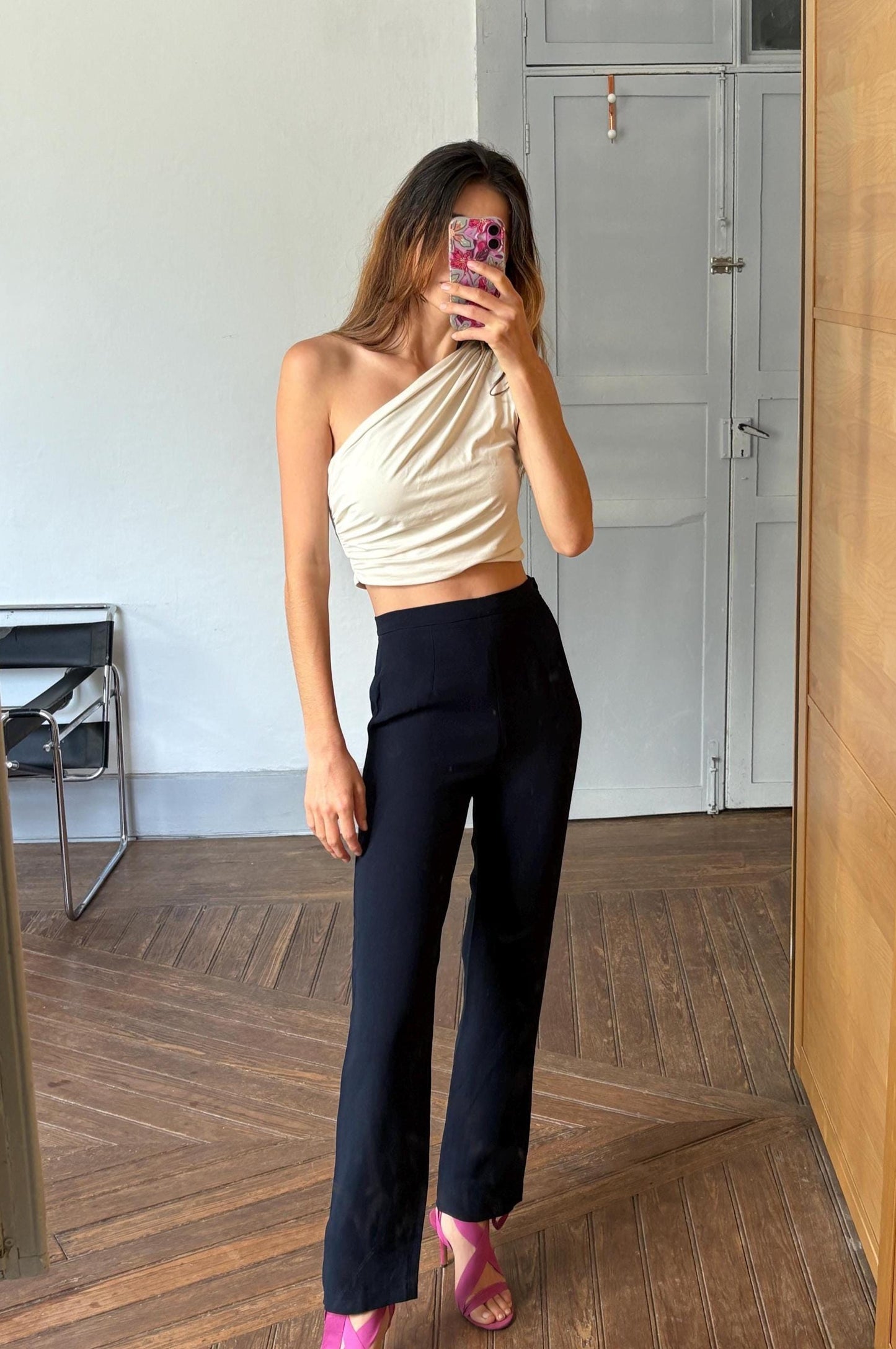 Vintage Mariella Rosato black trousers, sleek high-waisted pants, Italian vintage minimalism, elegant straight leg, soft stretch fabric